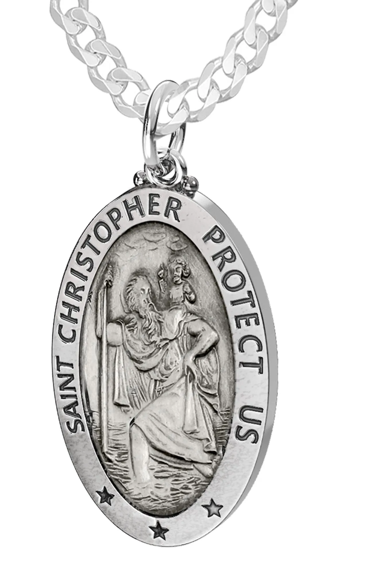 Men's 925 Sterling Silver Saint Christopher Oval Antique Pendant Necklace, 28mm