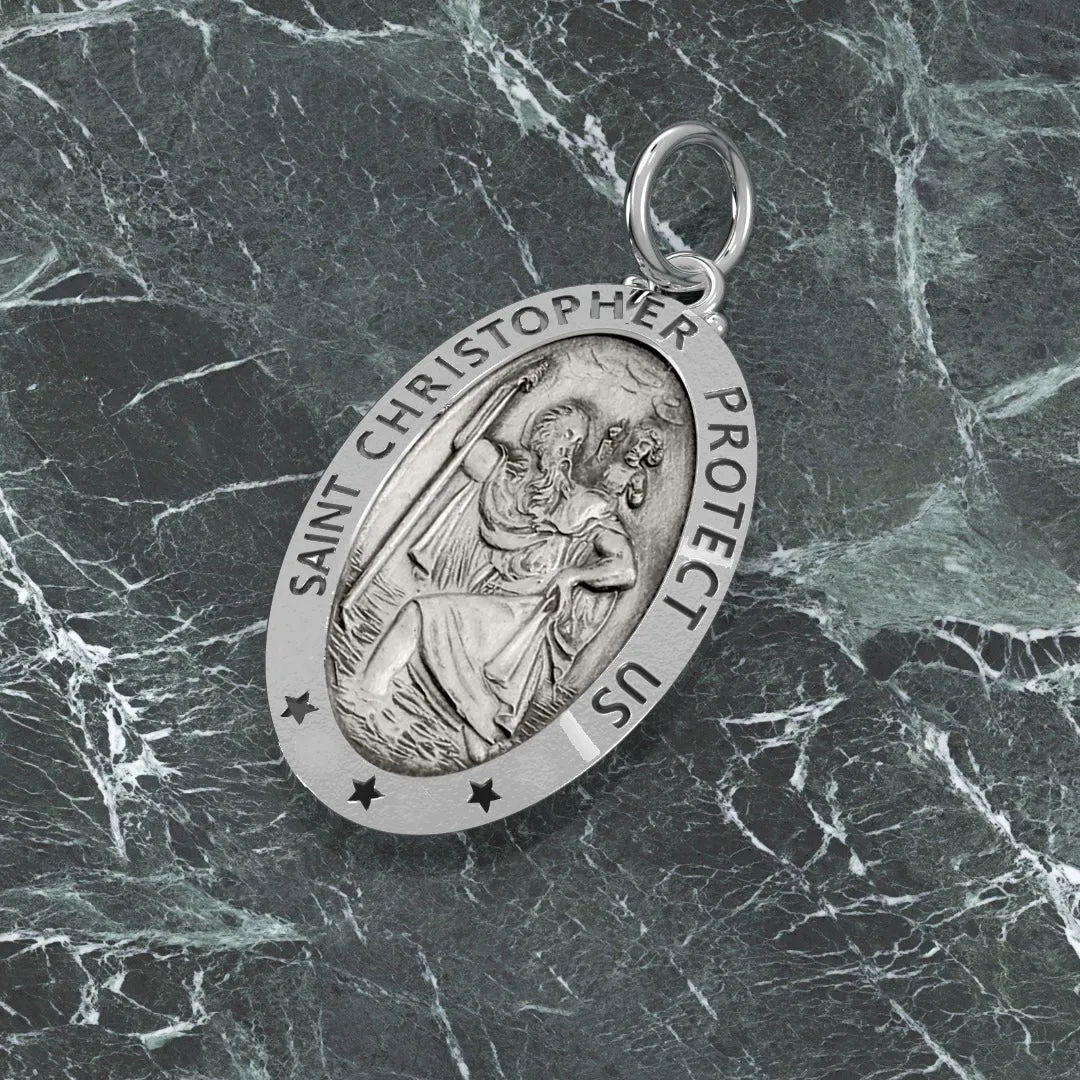 Men's 925 Sterling Silver Saint Christopher Oval Antique Pendant Necklace, 28mm