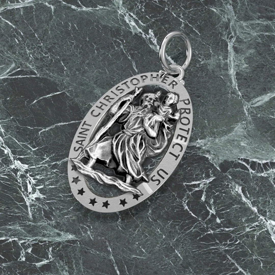 Men's 925 Sterling Silver Saint Christopher Oval Antique Pierced Pendant Necklace, 32mm
