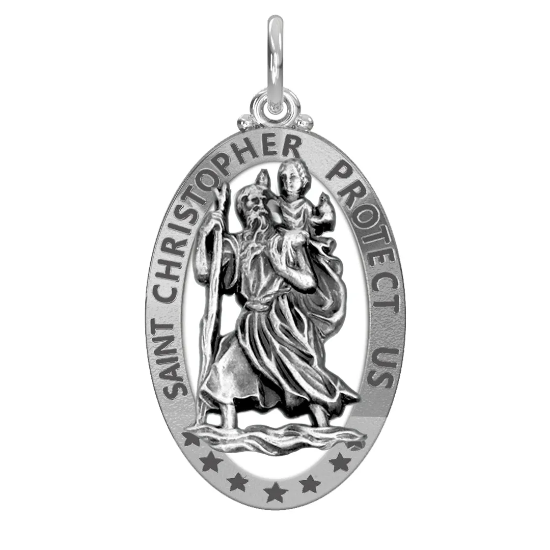 Men's 925 Sterling Silver Saint Christopher Oval Antique Pierced Pendant Necklace, 32mm