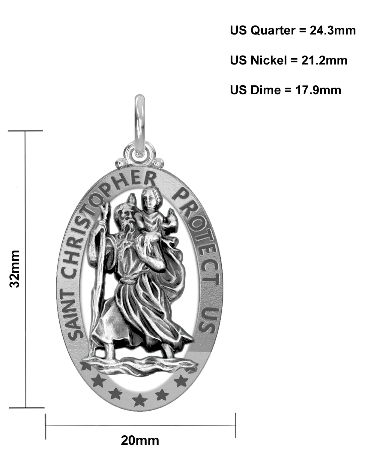 Men's 925 Sterling Silver Saint Christopher Oval Antique Pierced Pendant Necklace, 32mm