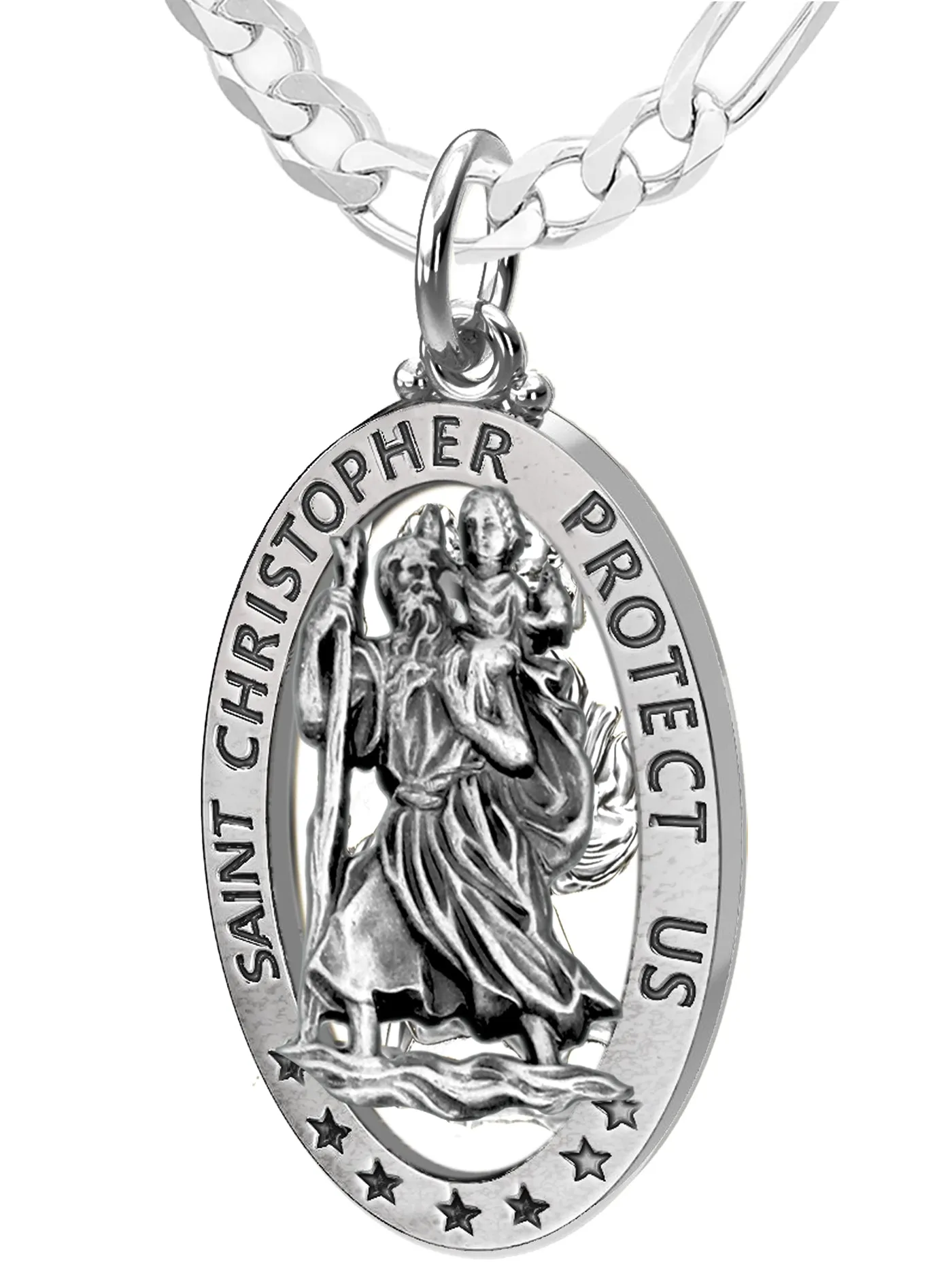Men's 925 Sterling Silver Saint Christopher Oval Antique Pierced Pendant Necklace, 32mm