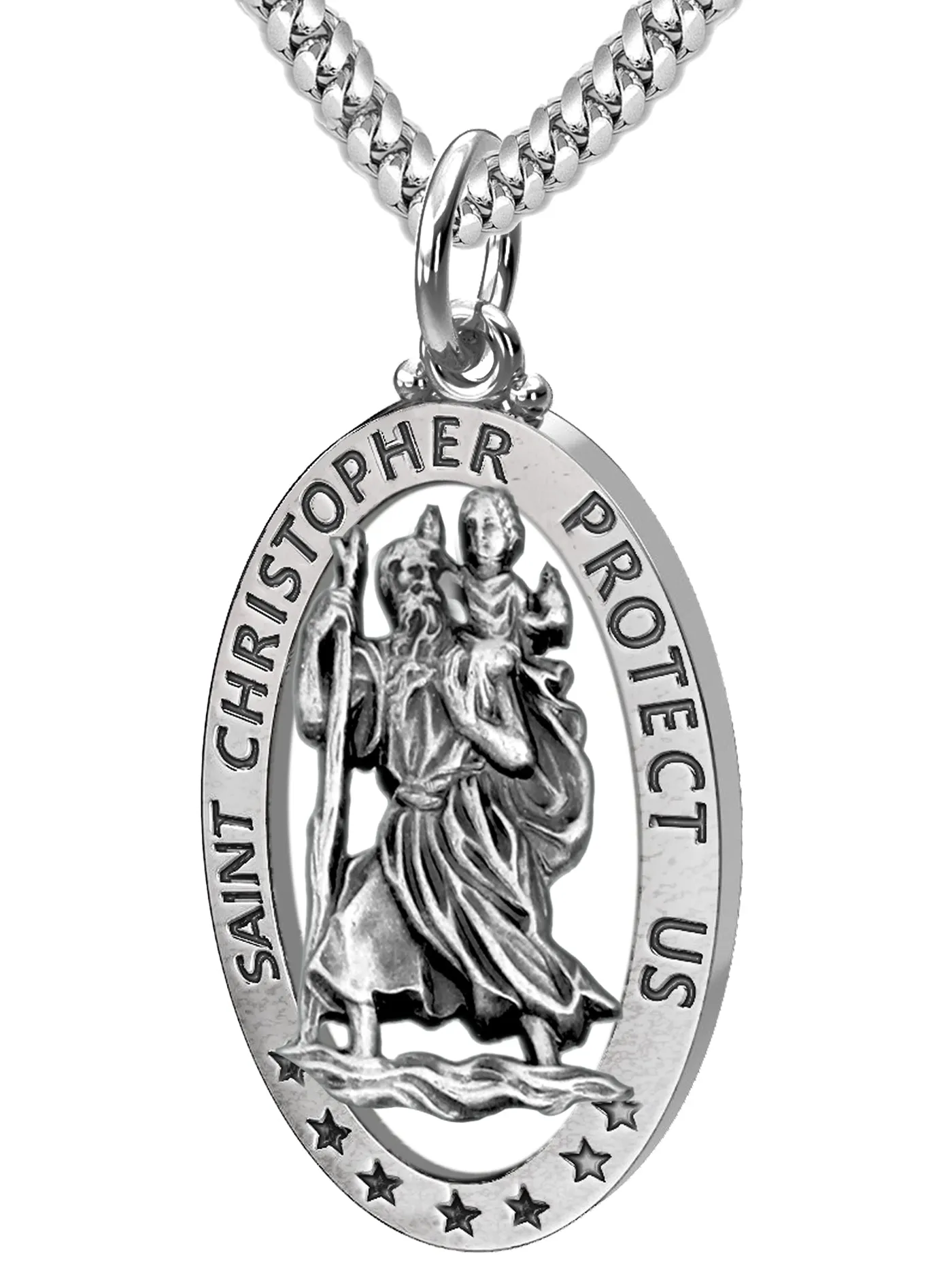 Men's 925 Sterling Silver Saint Christopher Oval Antique Pierced Pendant Necklace, 32mm