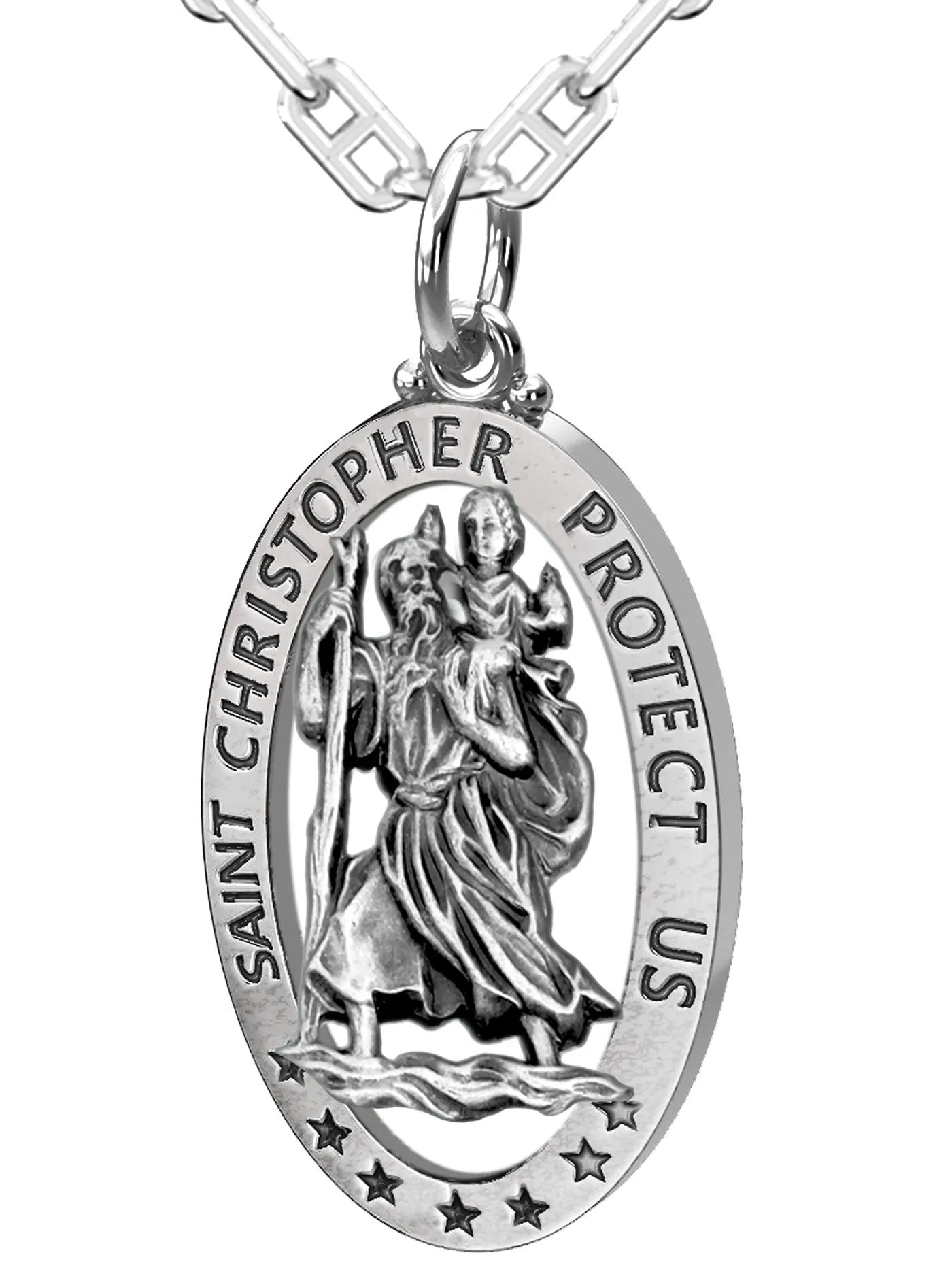 Men's 925 Sterling Silver Saint Christopher Oval Antique Pierced Pendant Necklace, 32mm