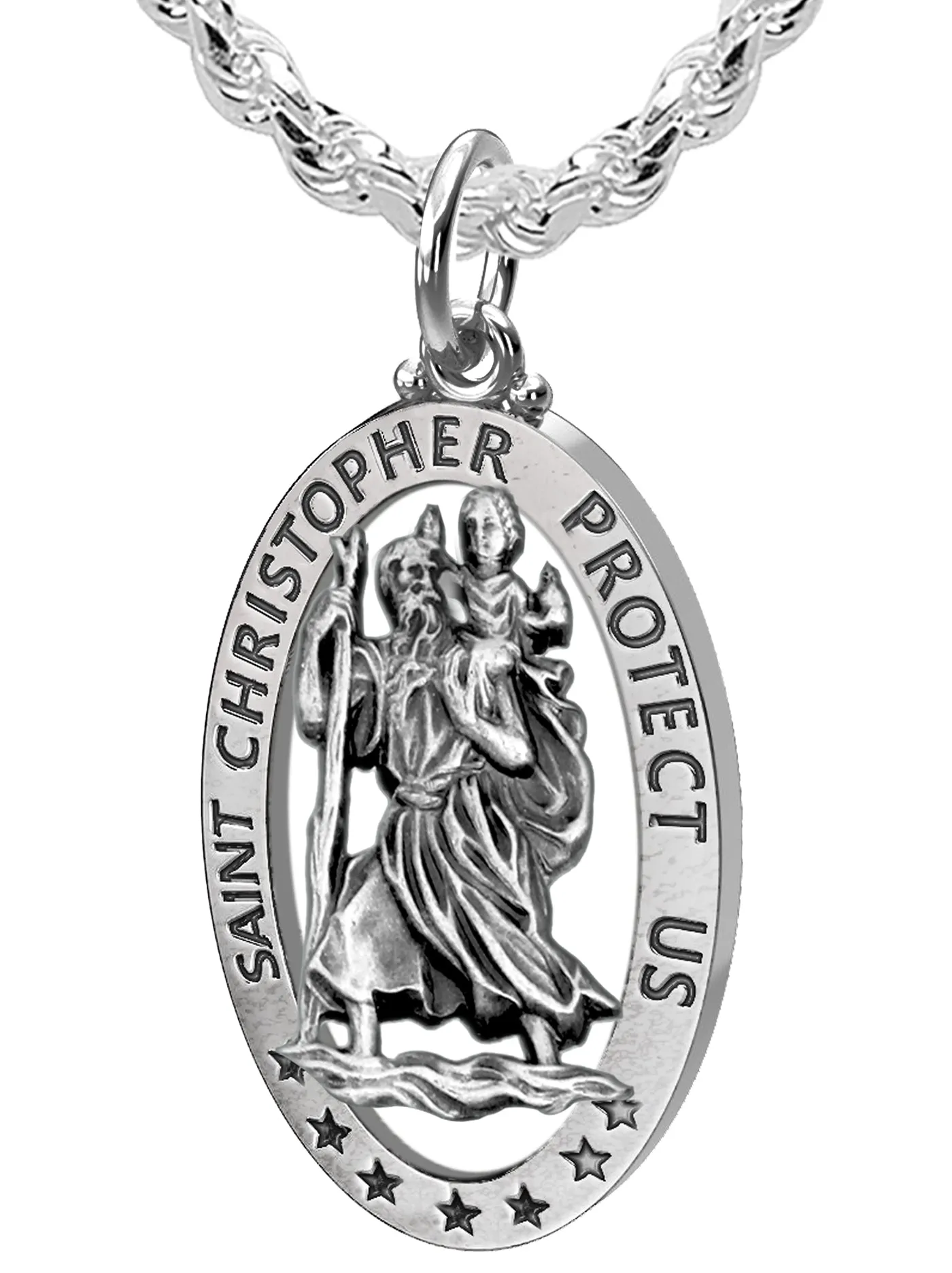 Men's 925 Sterling Silver Saint Christopher Oval Antique Pierced Pendant Necklace, 32mm