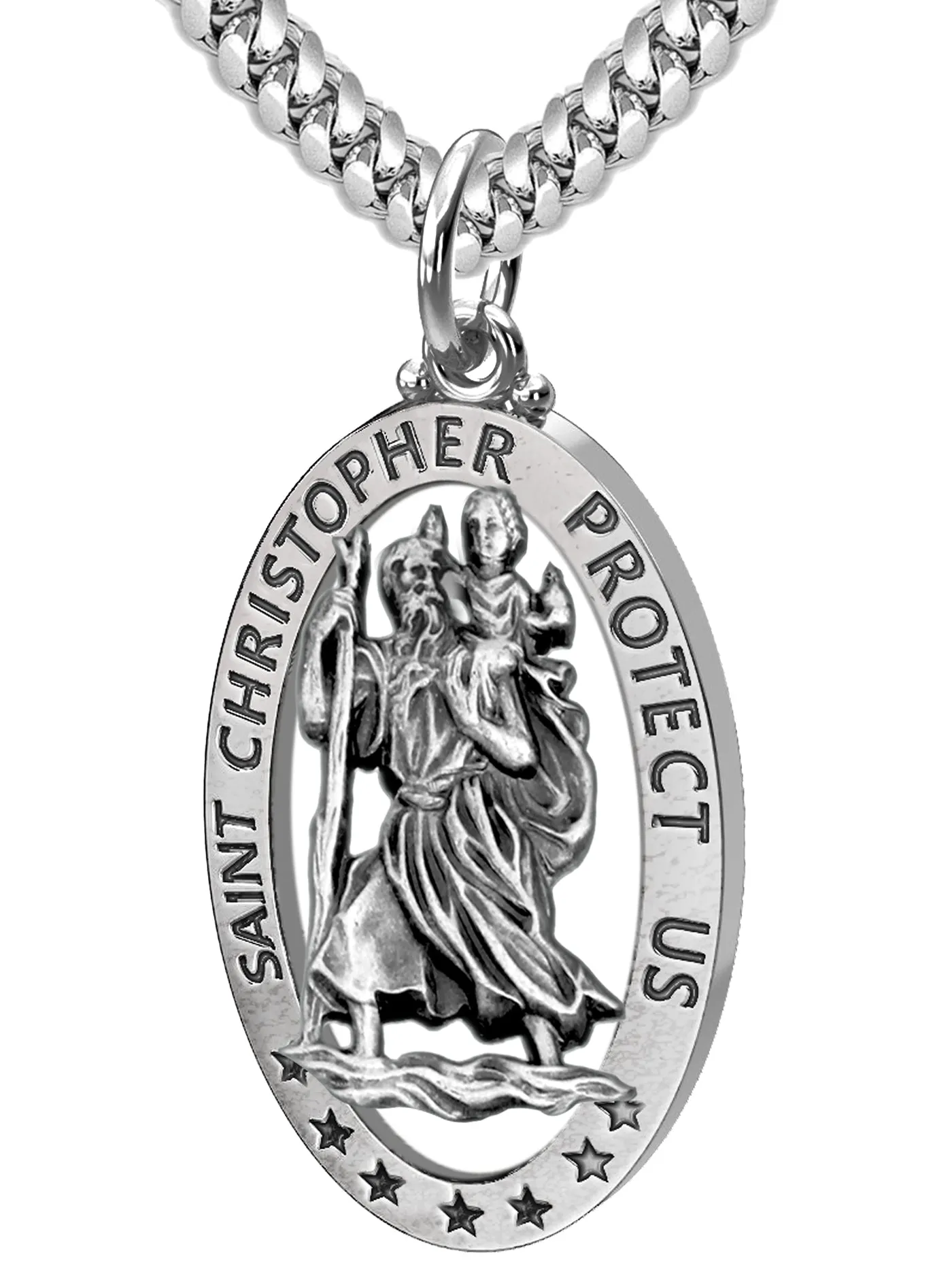 Men's 925 Sterling Silver Saint Christopher Oval Antique Pierced Pendant Necklace, 32mm