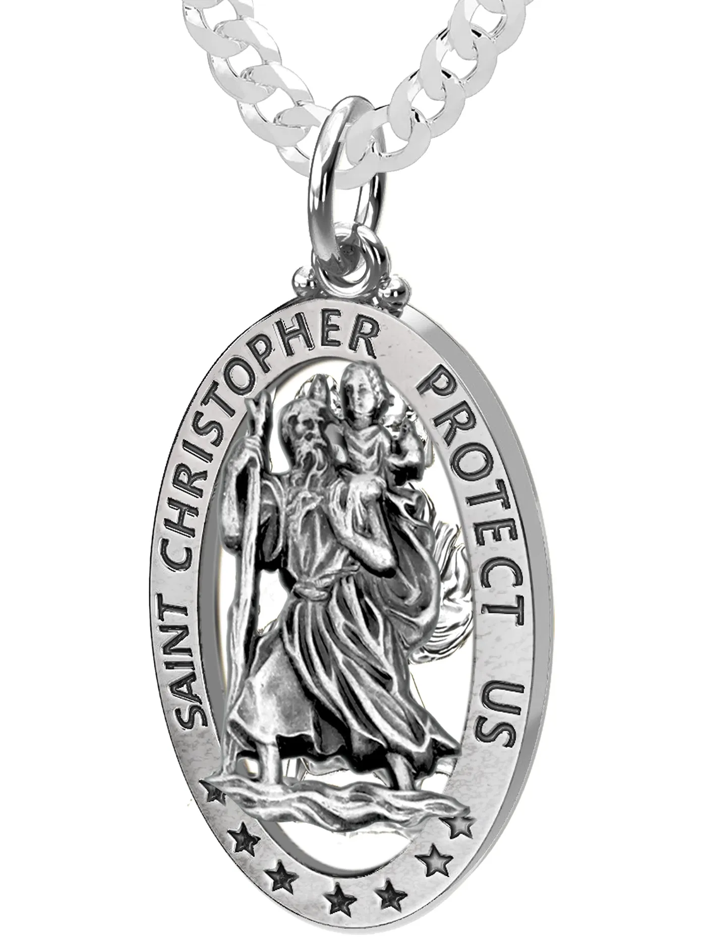 Men's 925 Sterling Silver Saint Christopher Oval Antique Pierced Pendant Necklace, 32mm