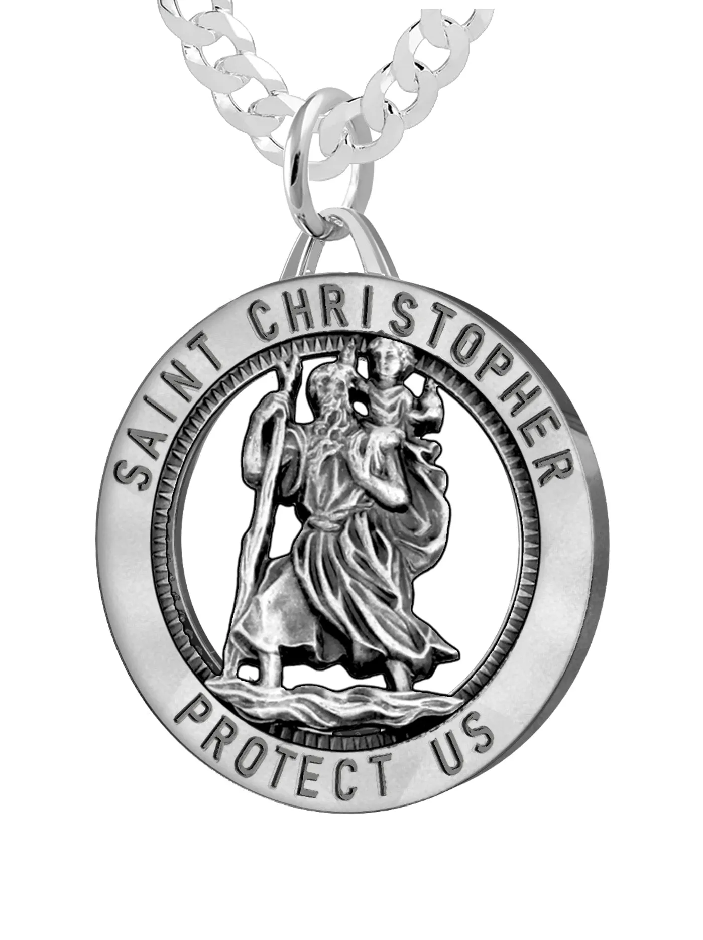 Men's 925 Sterling Silver Saint Christopher Round Antique Pendant Necklace, 25mm