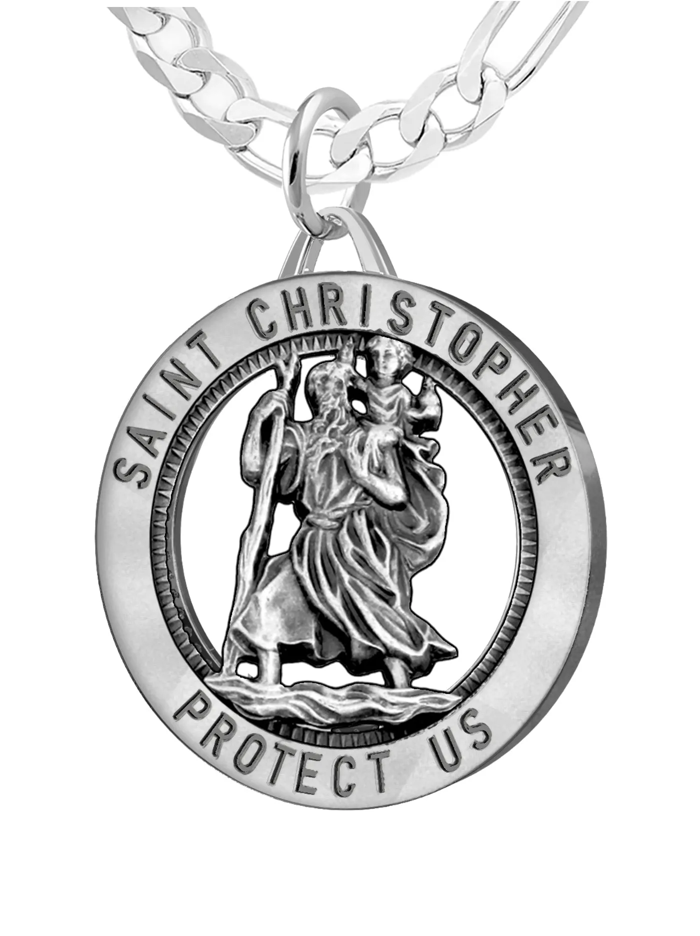 Men's 925 Sterling Silver Saint Christopher Round Antique Pendant Necklace, 25mm