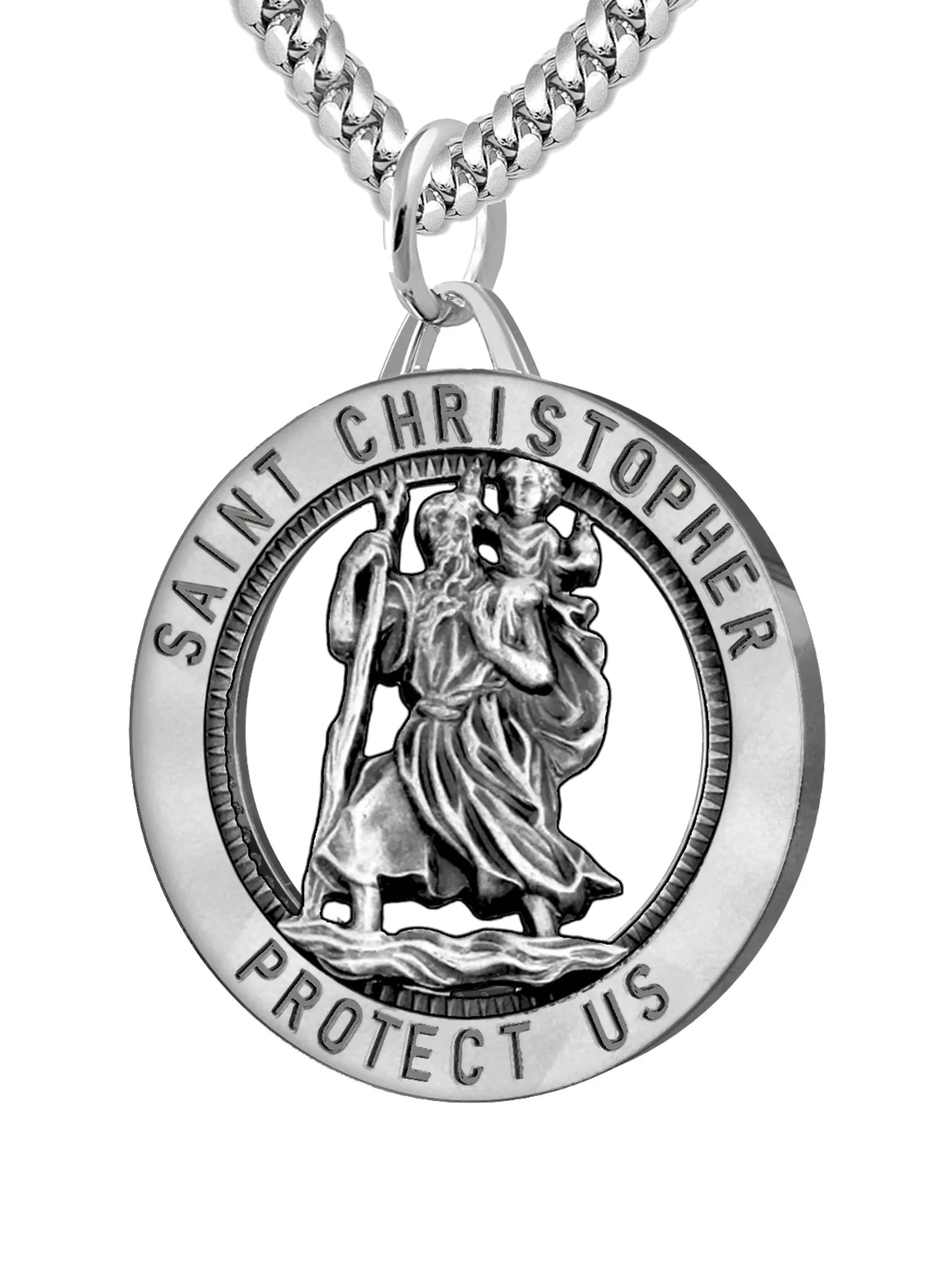 Men's 925 Sterling Silver Saint Christopher Round Antique Pendant Necklace, 25mm