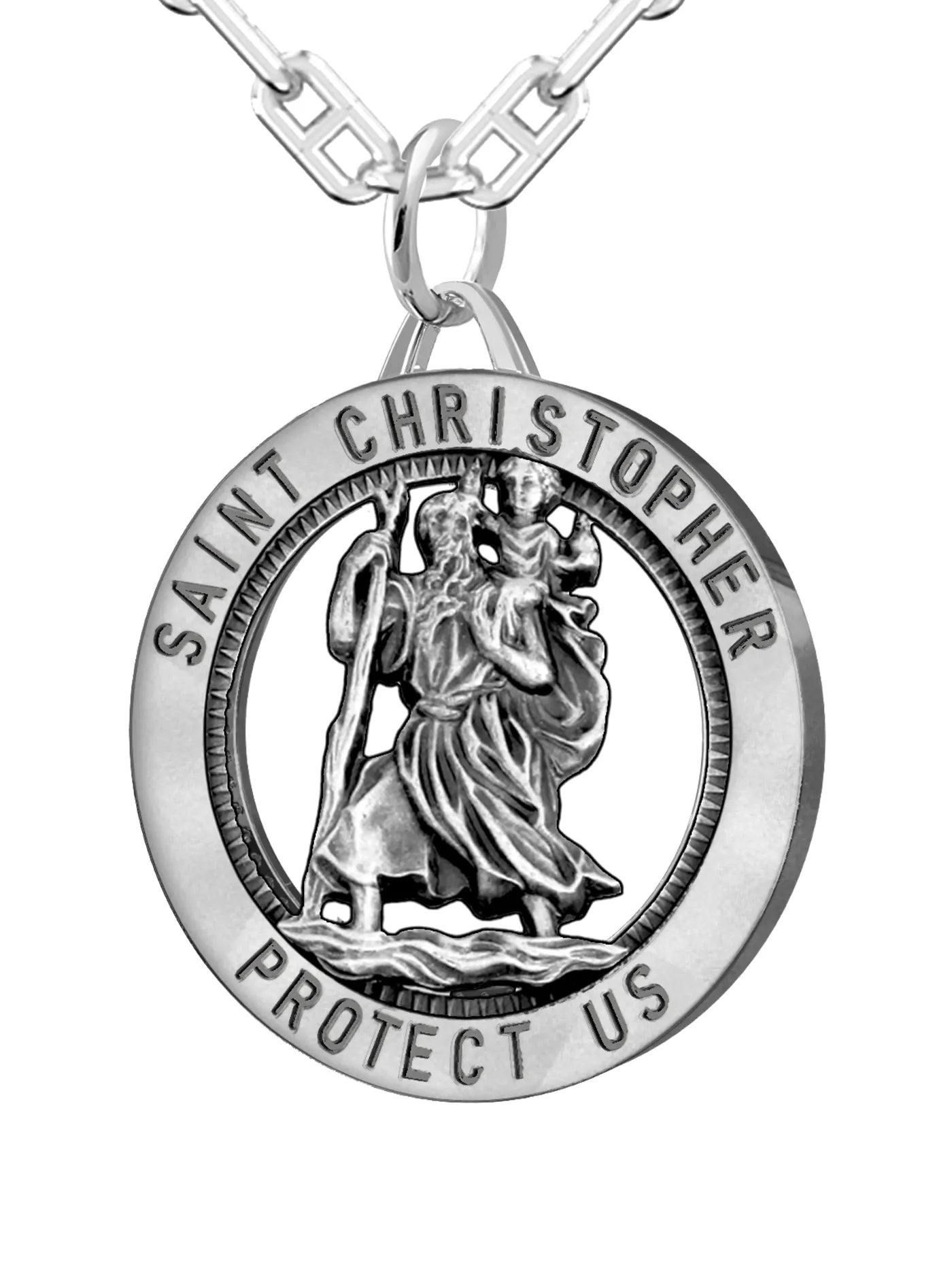 Men's 925 Sterling Silver Saint Christopher Round Antique Pendant Necklace, 25mm