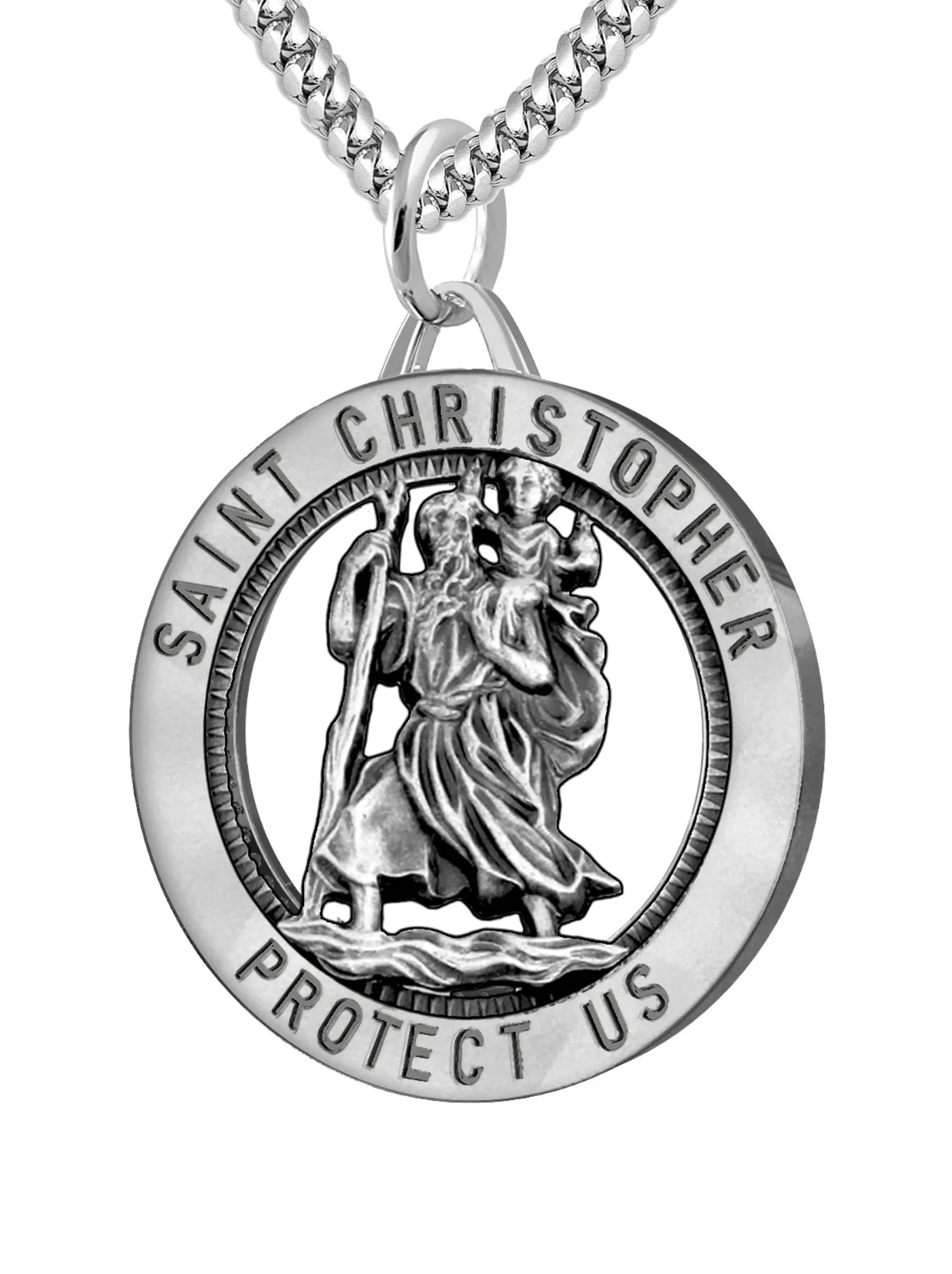 Men's 925 Sterling Silver Saint Christopher Round Antique Pendant Necklace, 25mm