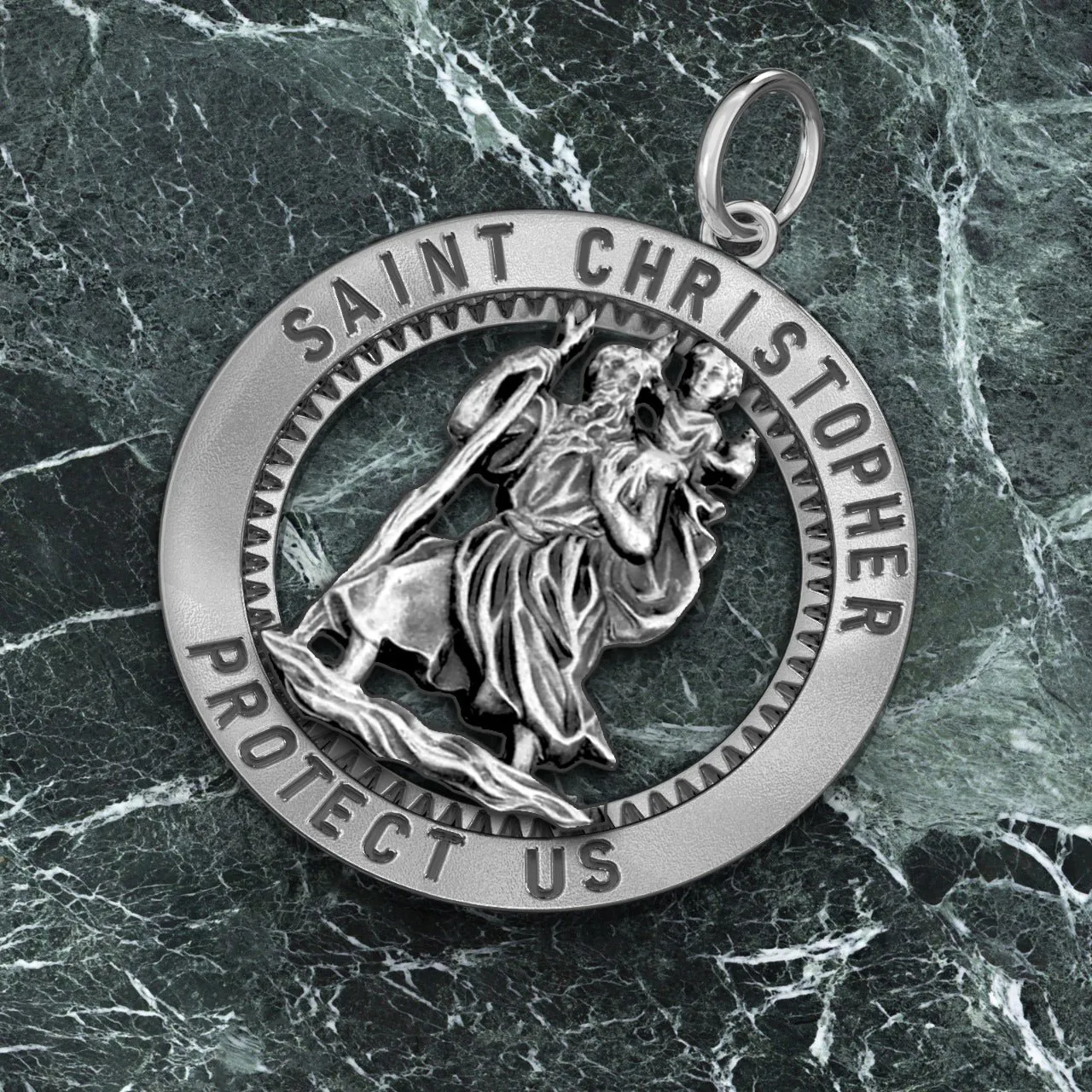 Men's 925 Sterling Silver Saint Christopher Round Antique Pendant Necklace, 25mm