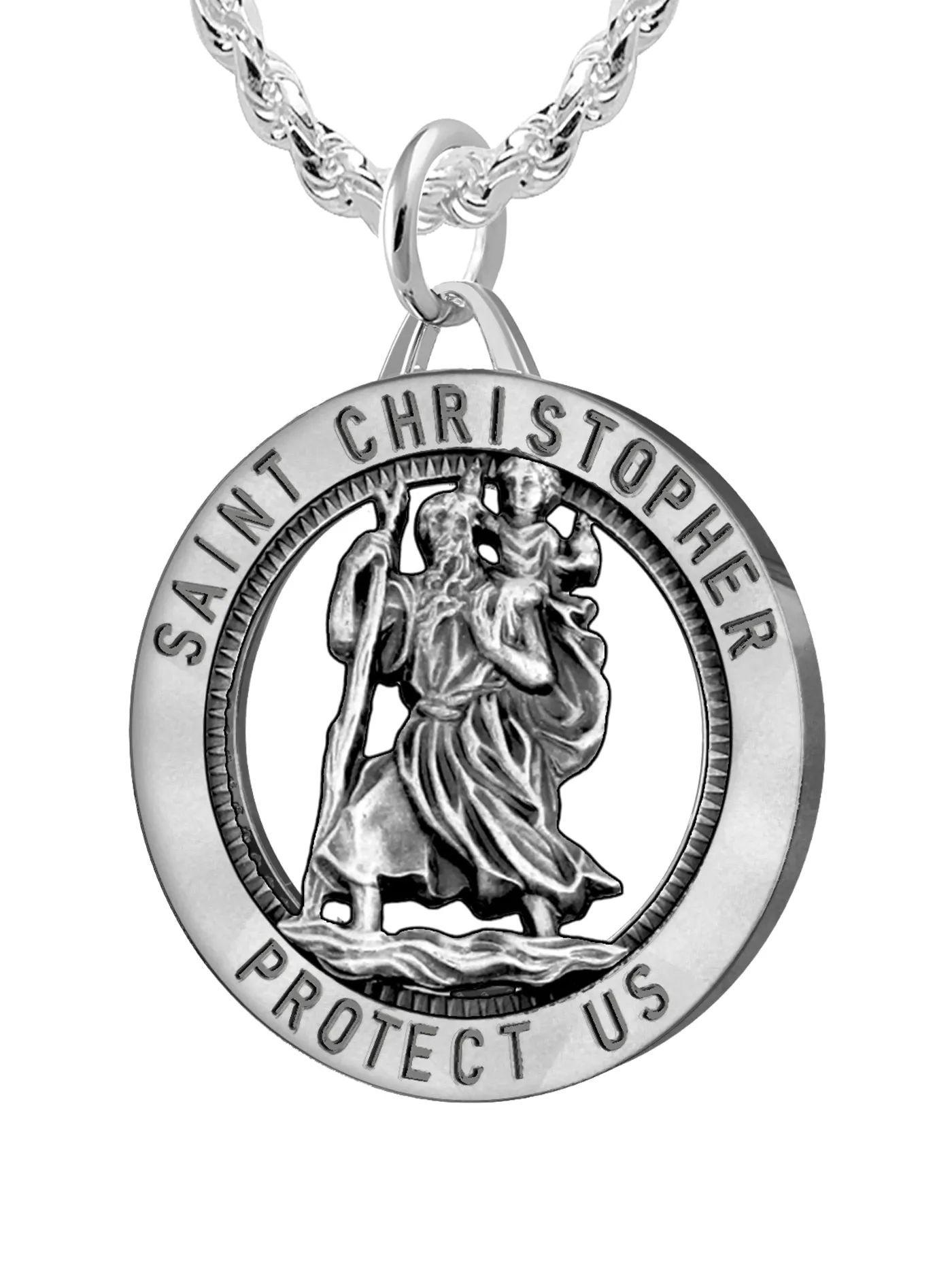 Men's 925 Sterling Silver Saint Christopher Round Antique Pendant Necklace, 25mm