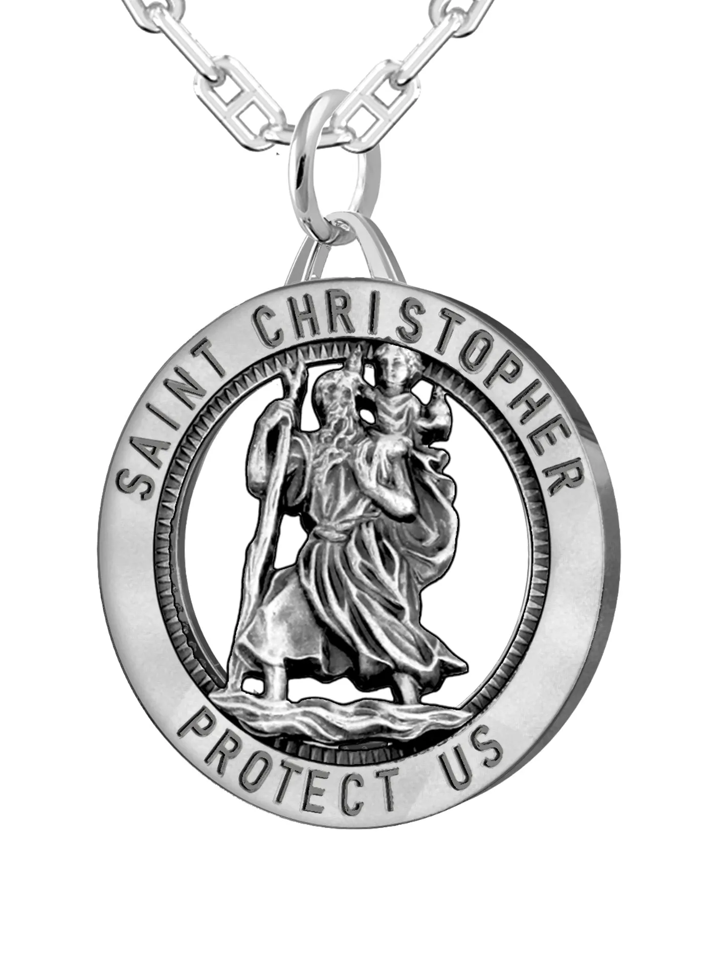 Men's 925 Sterling Silver Saint Christopher Round Antique Pendant Necklace, 25mm