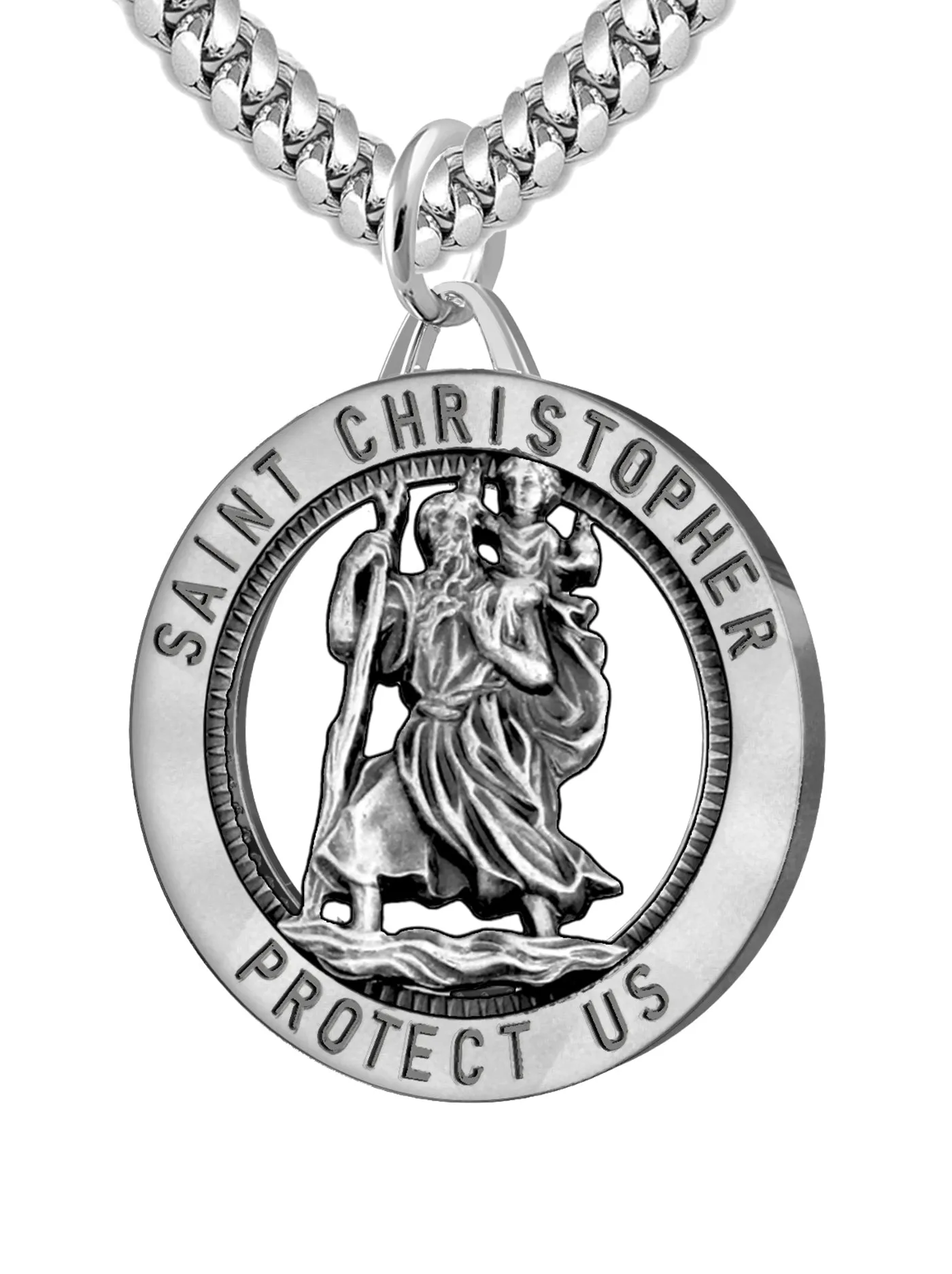 Men's 925 Sterling Silver Saint Christopher Round Antique Pendant Necklace, 25mm