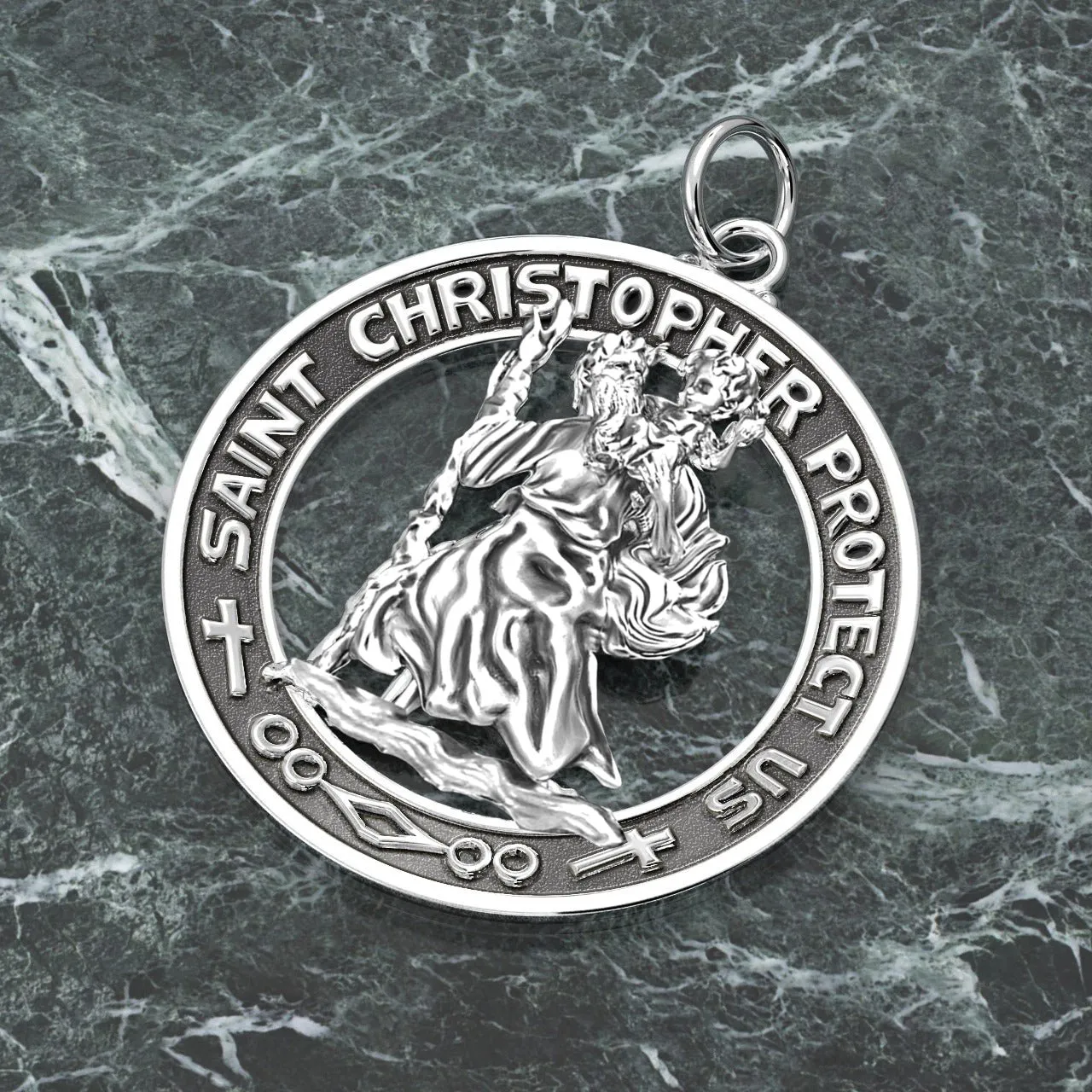 Men's 925 Sterling Silver Saint Christopher Round Antique Pendant Necklace, 28mm