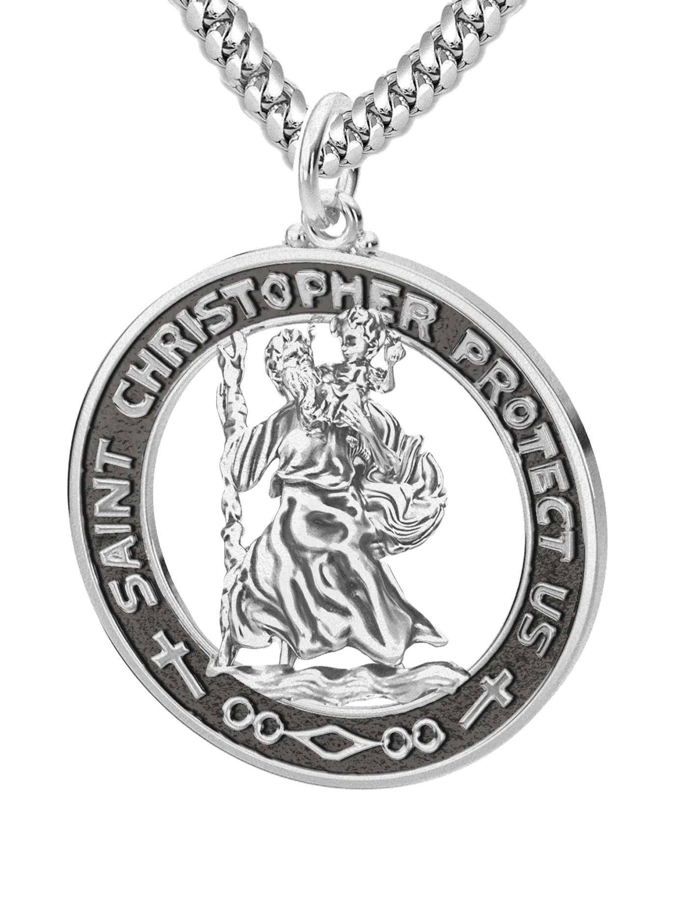 Men's 925 Sterling Silver Saint Christopher Round Antique Pendant Necklace, 28mm