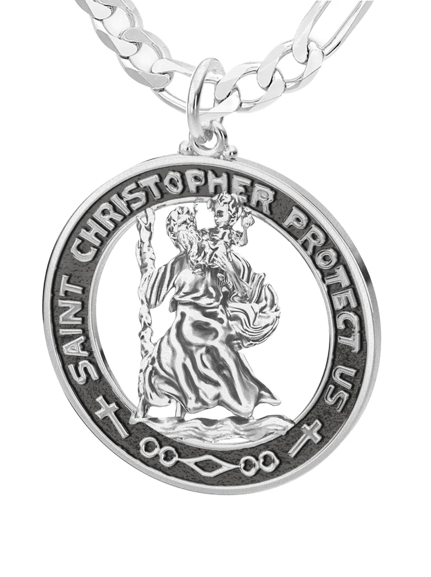 Men's 925 Sterling Silver Saint Christopher Round Antique Pendant Necklace, 28mm