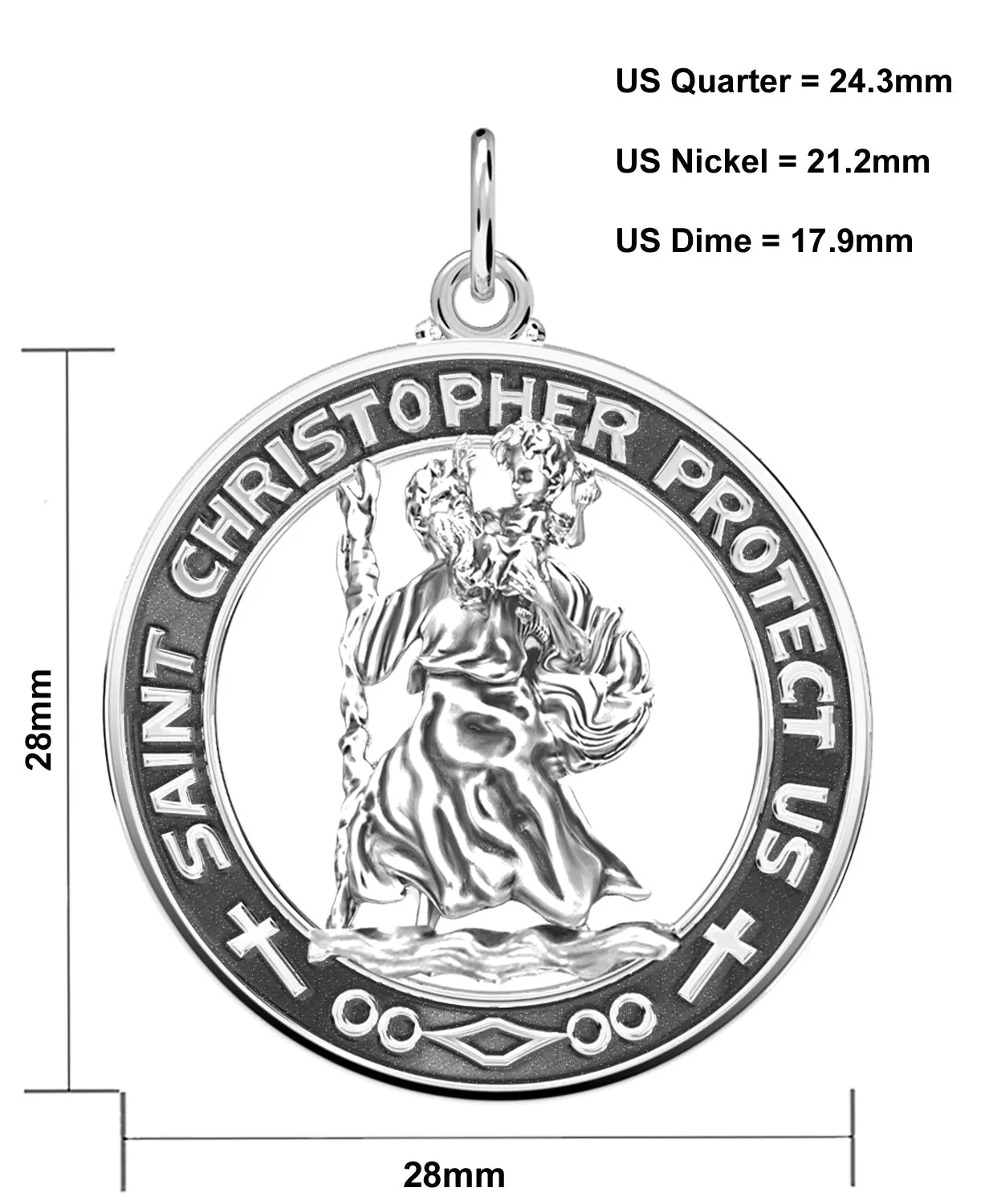 Men's 925 Sterling Silver Saint Christopher Round Antique Pendant Necklace, 28mm
