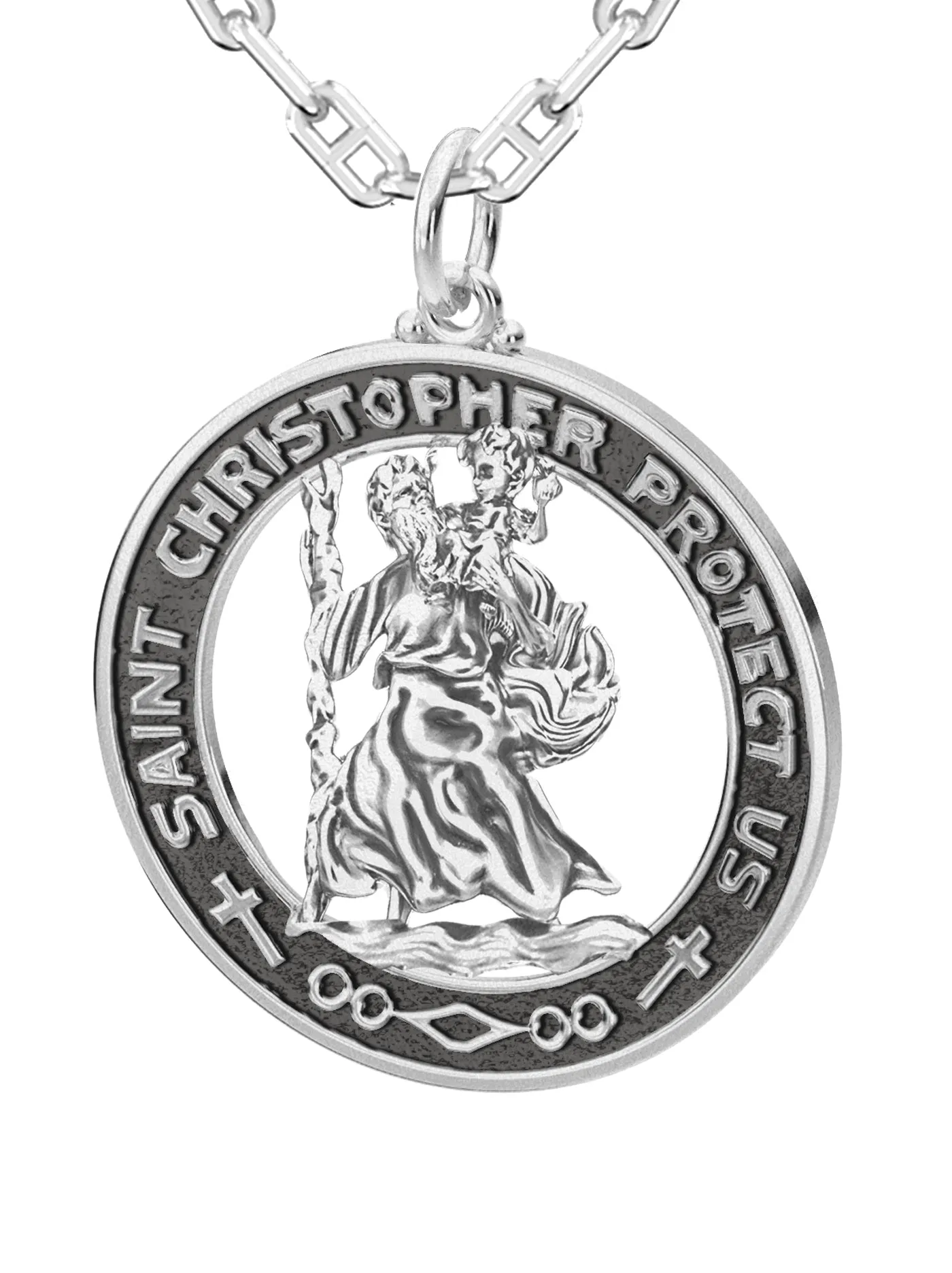 Men's 925 Sterling Silver Saint Christopher Round Antique Pendant Necklace, 28mm