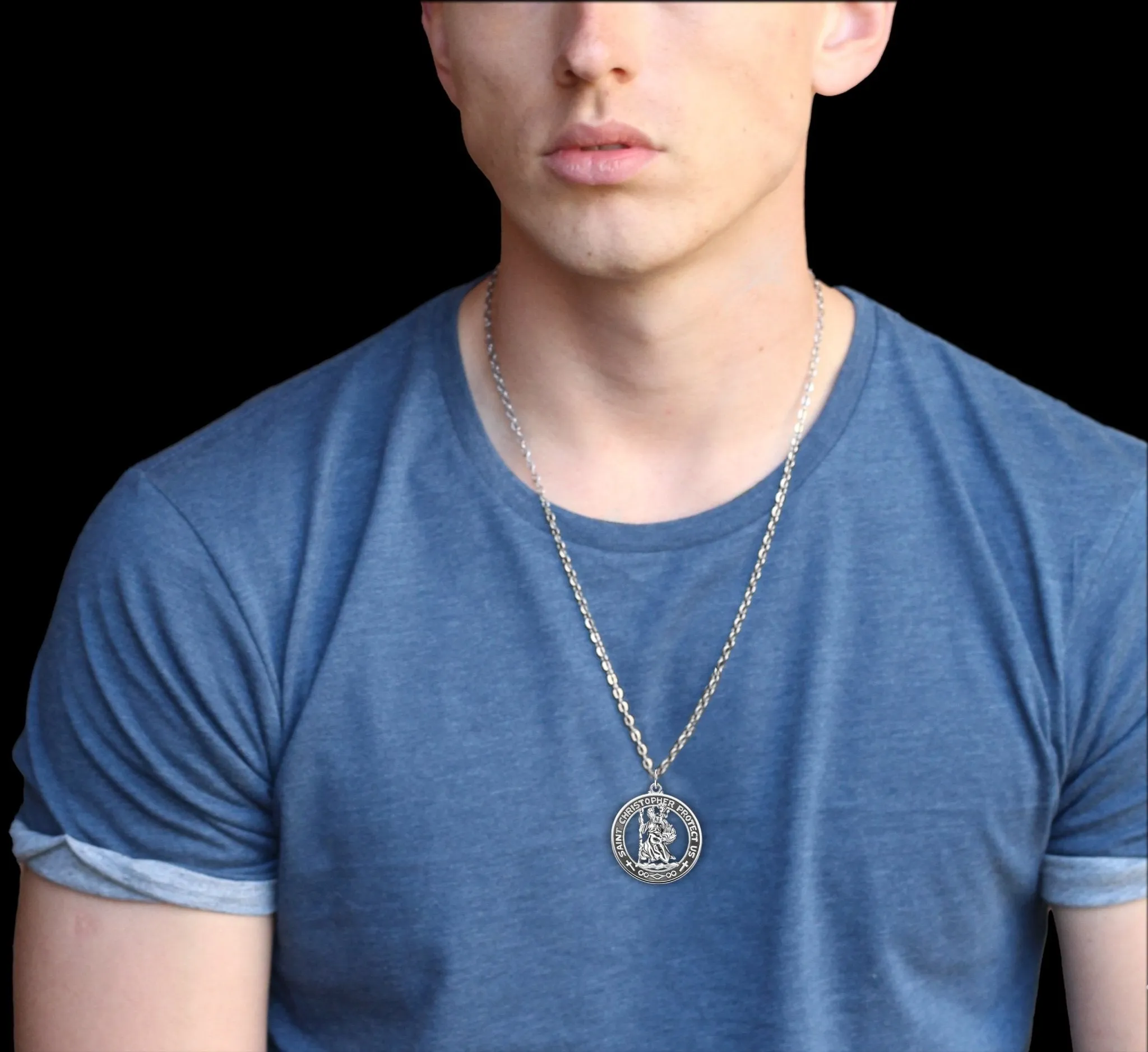 Men's 925 Sterling Silver Saint Christopher Round Antique Pendant Necklace, 28mm