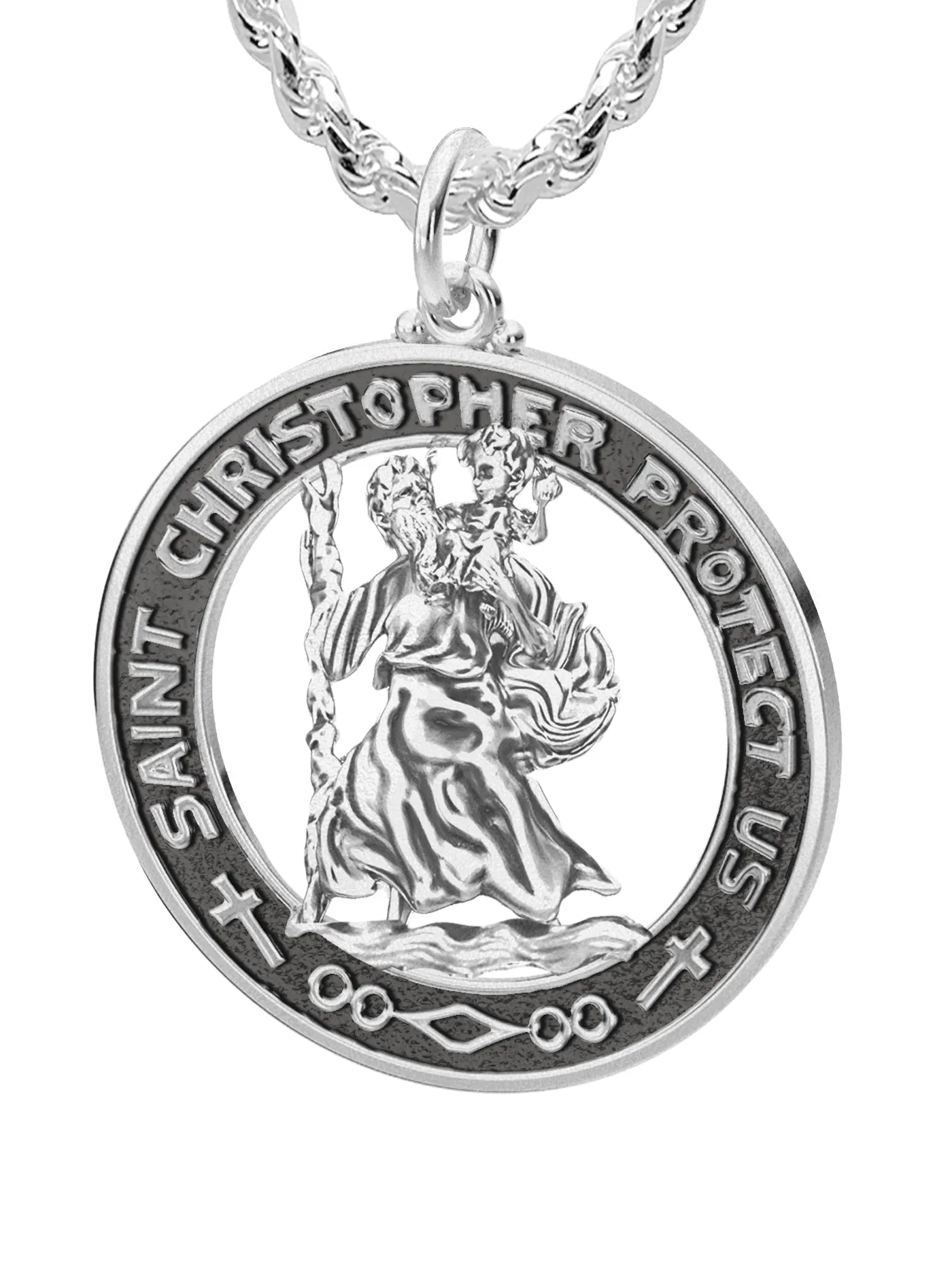 Men's 925 Sterling Silver Saint Christopher Round Antique Pendant Necklace, 28mm