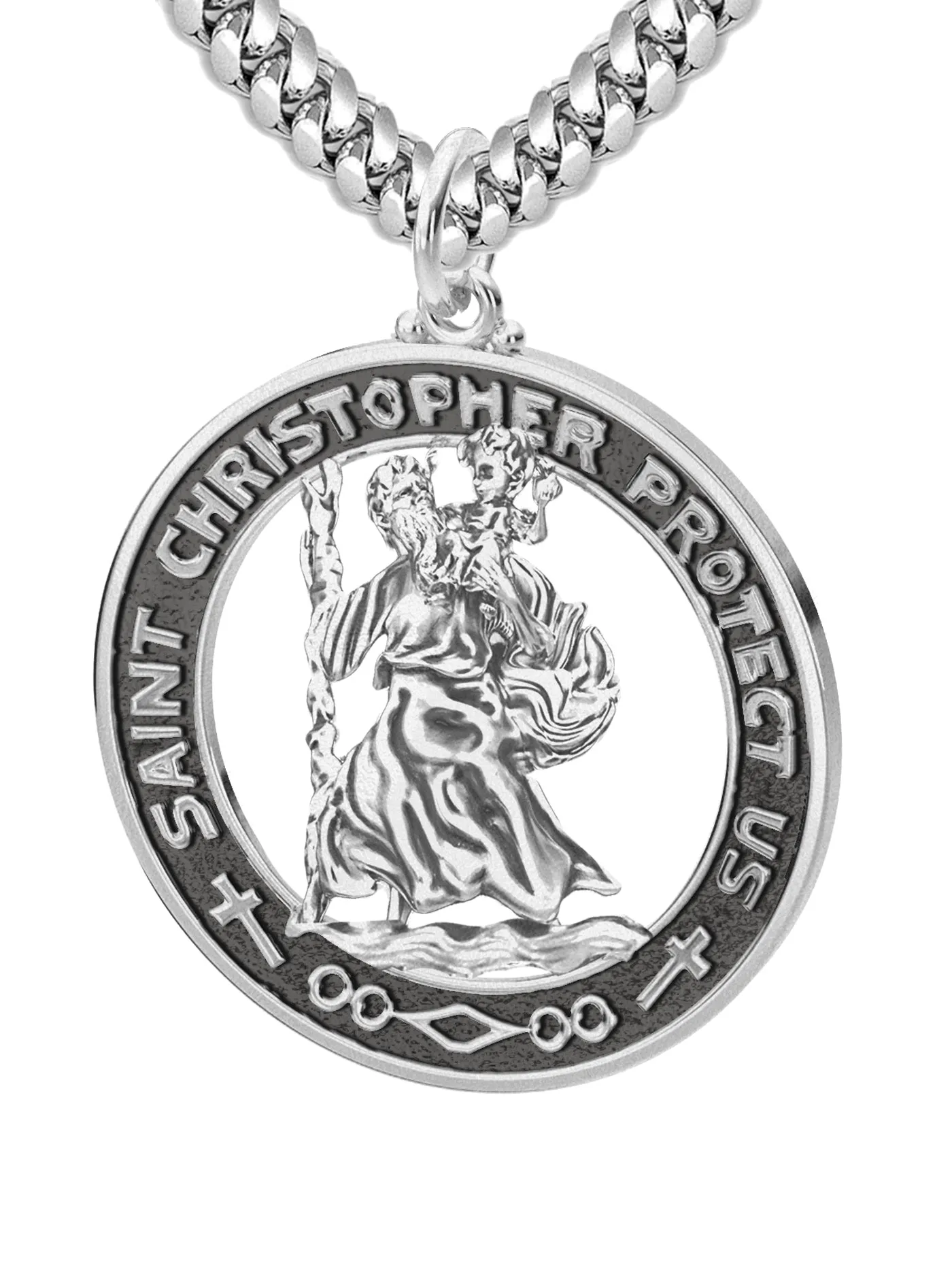 Men's 925 Sterling Silver Saint Christopher Round Antique Pendant Necklace, 28mm