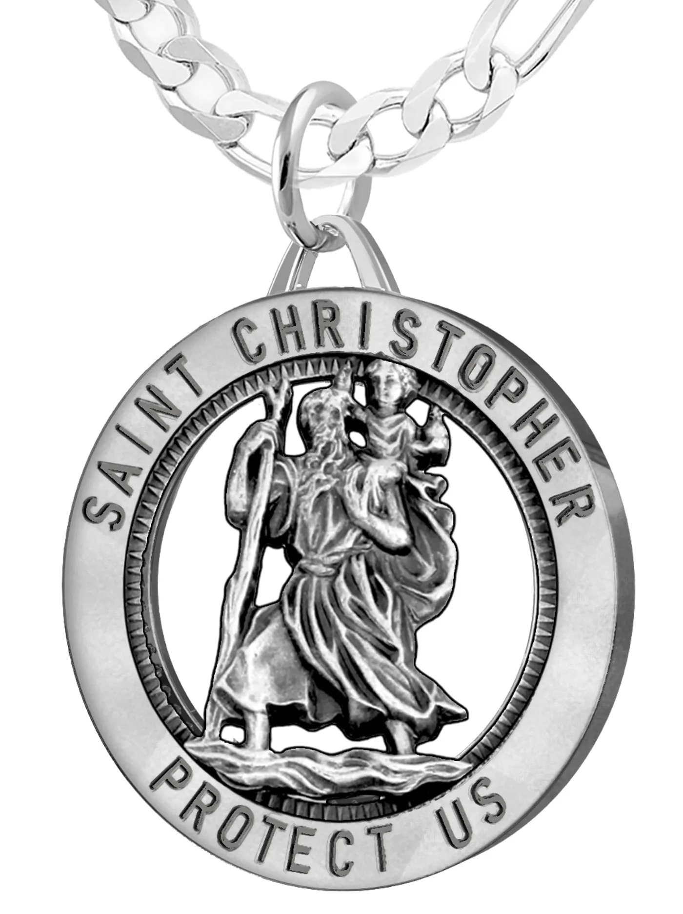 Men's 925 Sterling Silver Saint Christopher Round Antique Pendant Necklace, 32mm