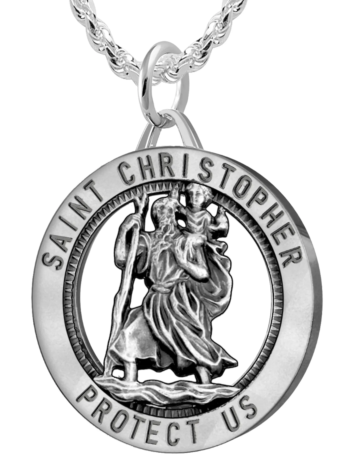 Men's 925 Sterling Silver Saint Christopher Round Antique Pendant Necklace, 32mm