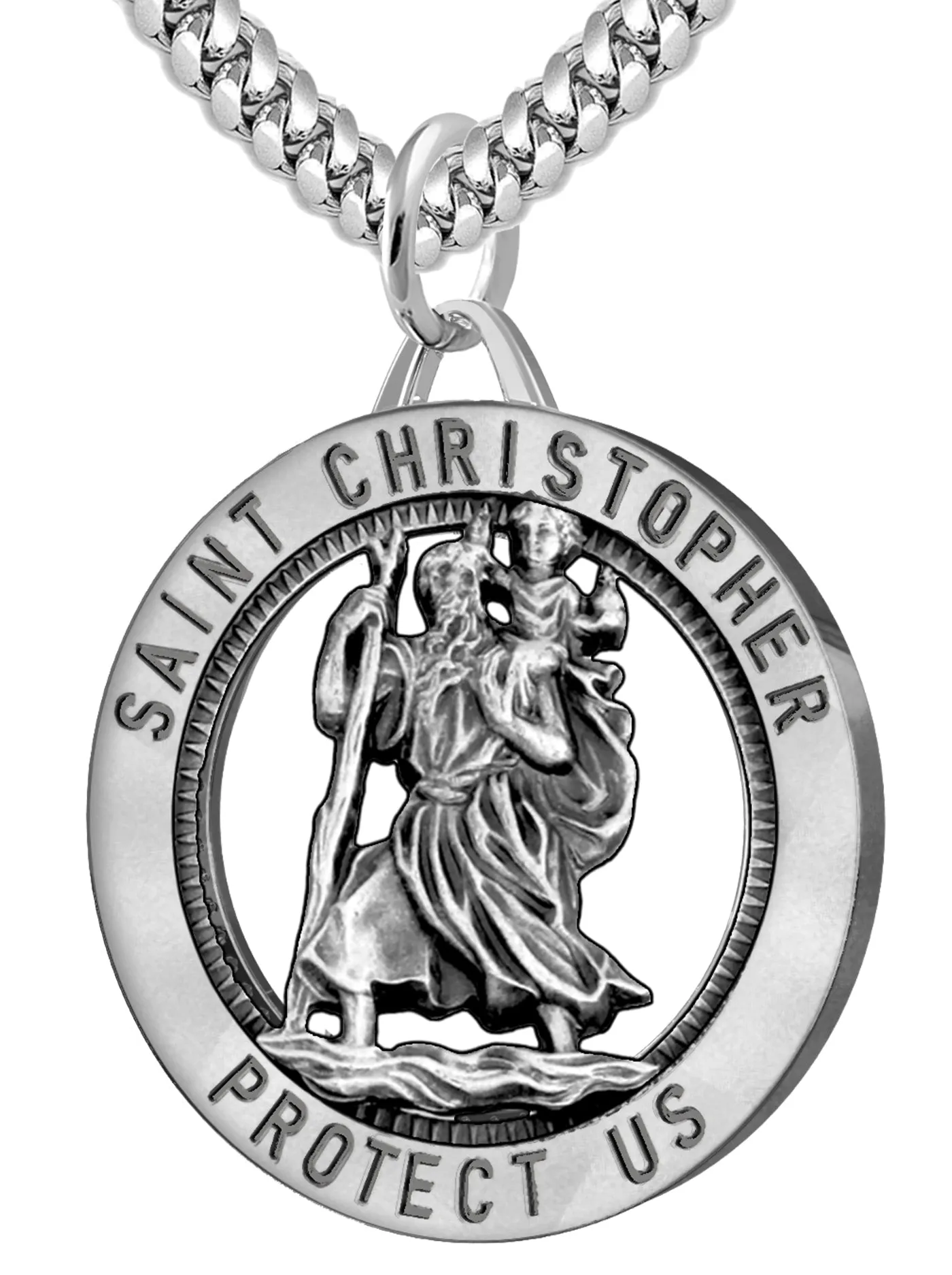 Men's 925 Sterling Silver Saint Christopher Round Antique Pendant Necklace, 32mm