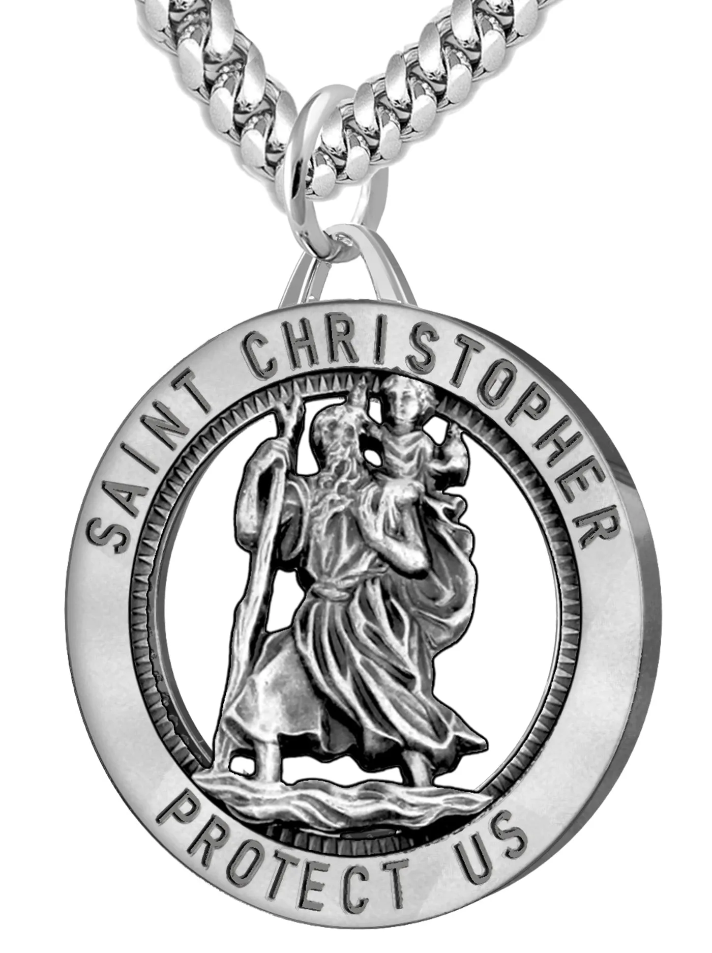 Men's 925 Sterling Silver Saint Christopher Round Antique Pendant Necklace, 32mm