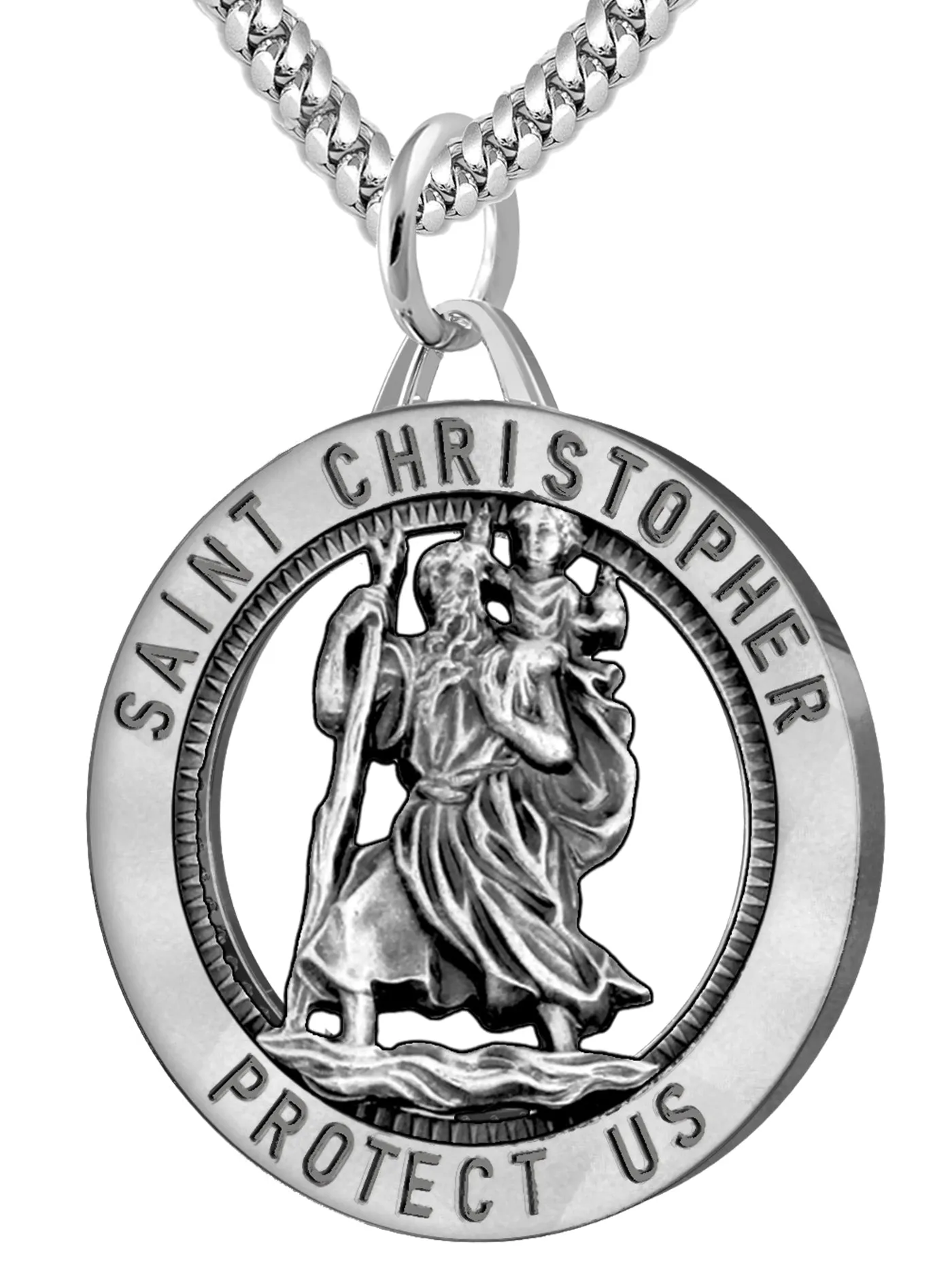 Men's 925 Sterling Silver Saint Christopher Round Antique Pendant Necklace, 32mm