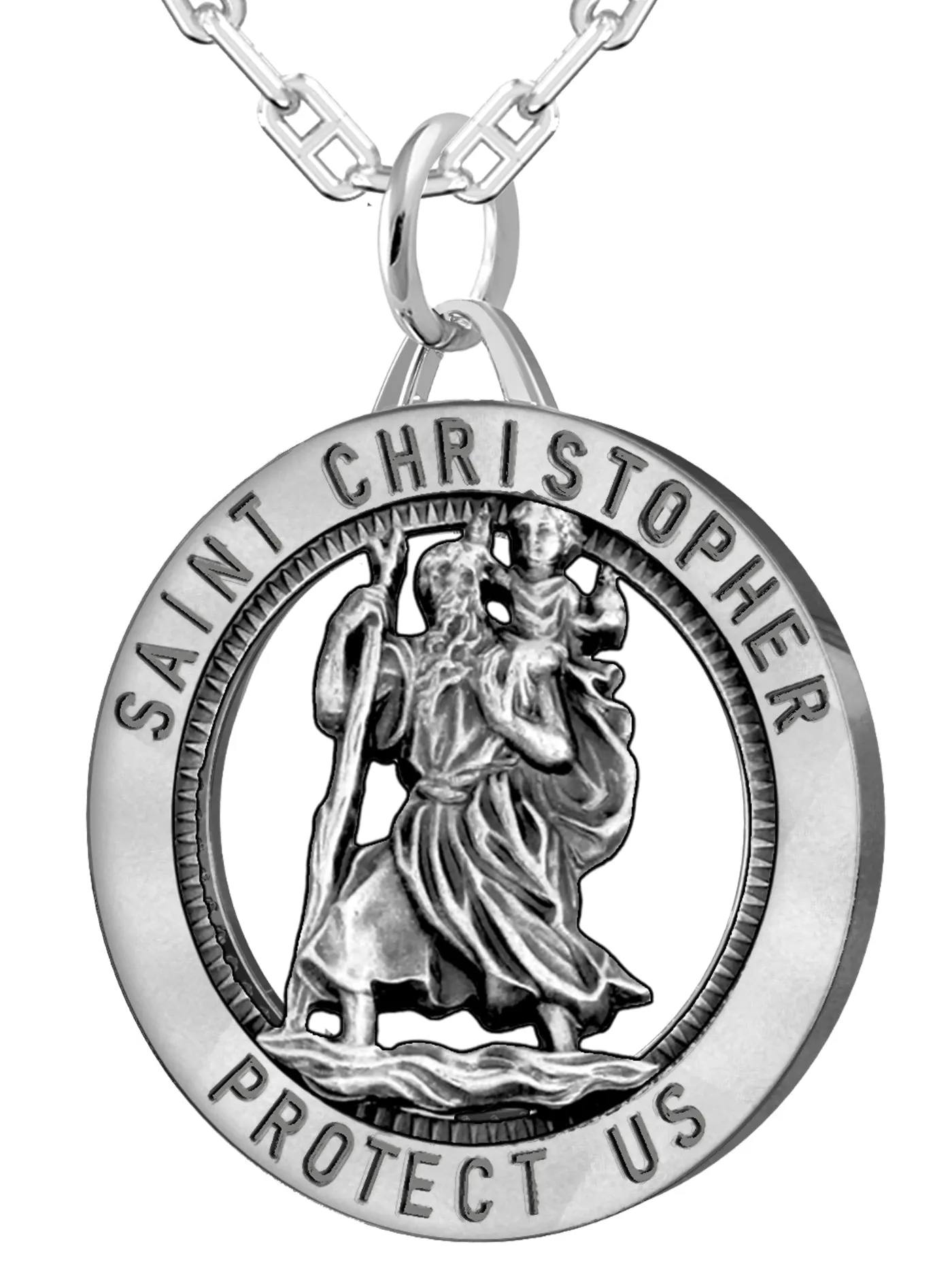 Men's 925 Sterling Silver Saint Christopher Round Antique Pendant Necklace, 32mm