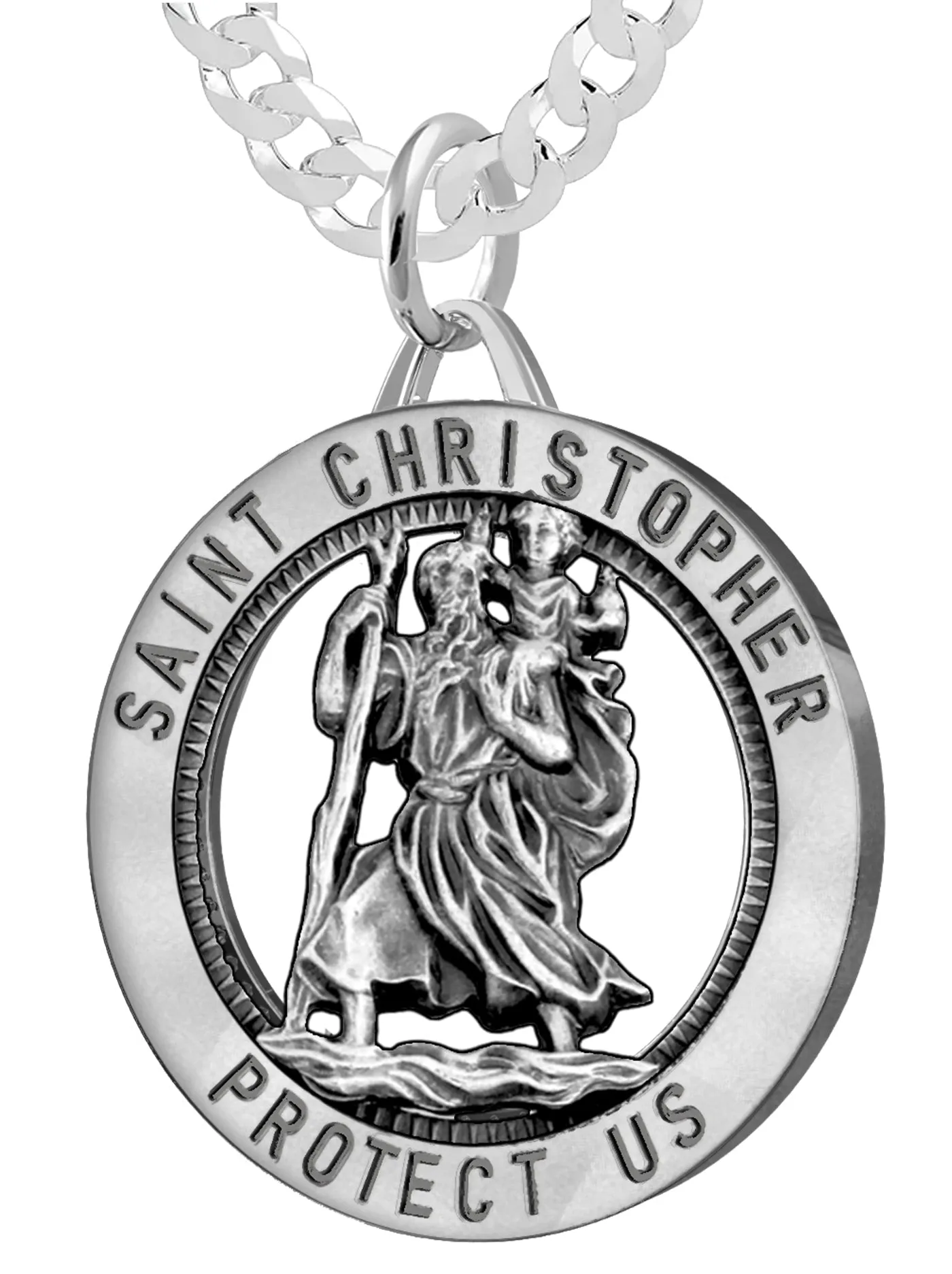 Men's 925 Sterling Silver Saint Christopher Round Antique Pendant Necklace, 32mm
