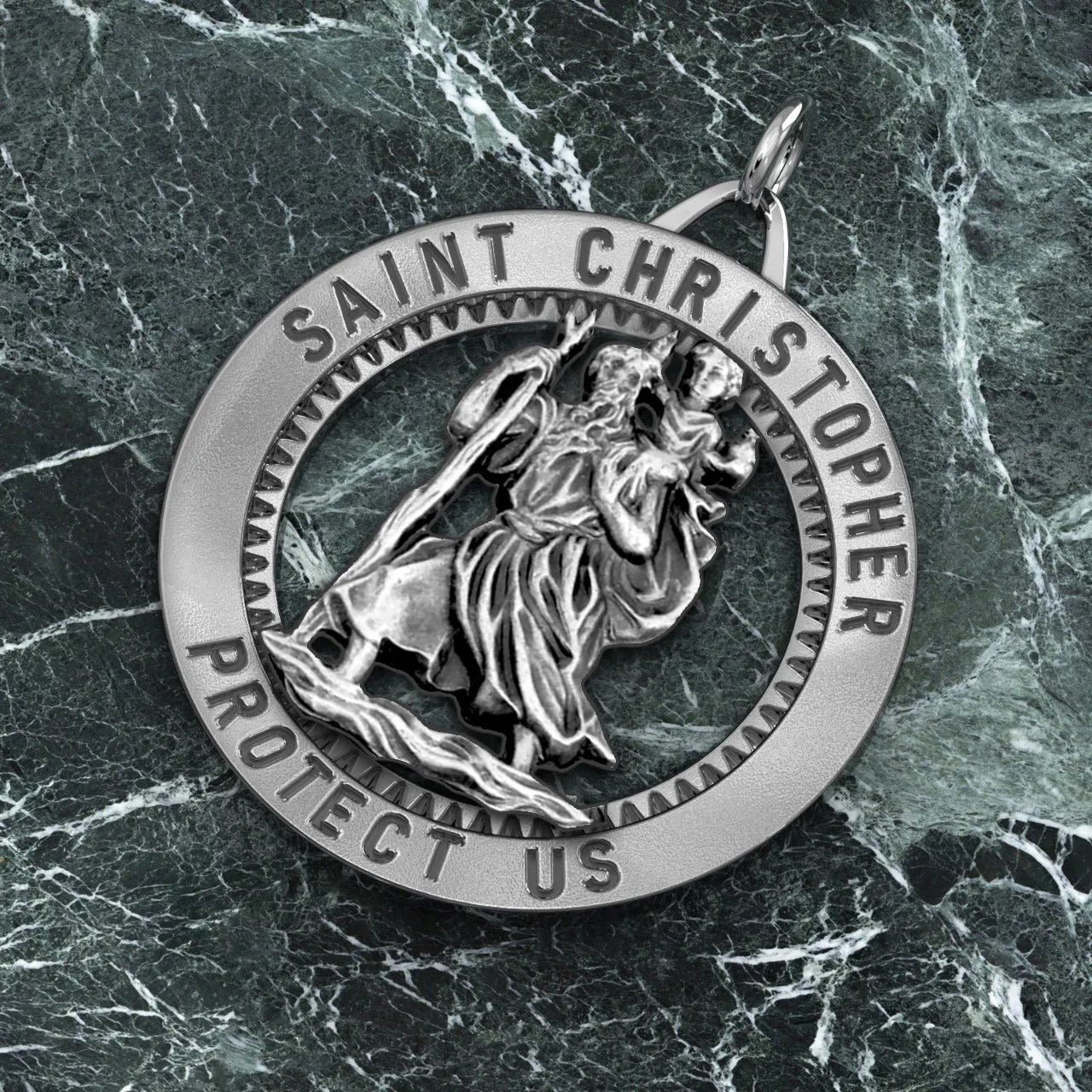 Men's 925 Sterling Silver Saint Christopher Round Antique Pendant Necklace, 32mm