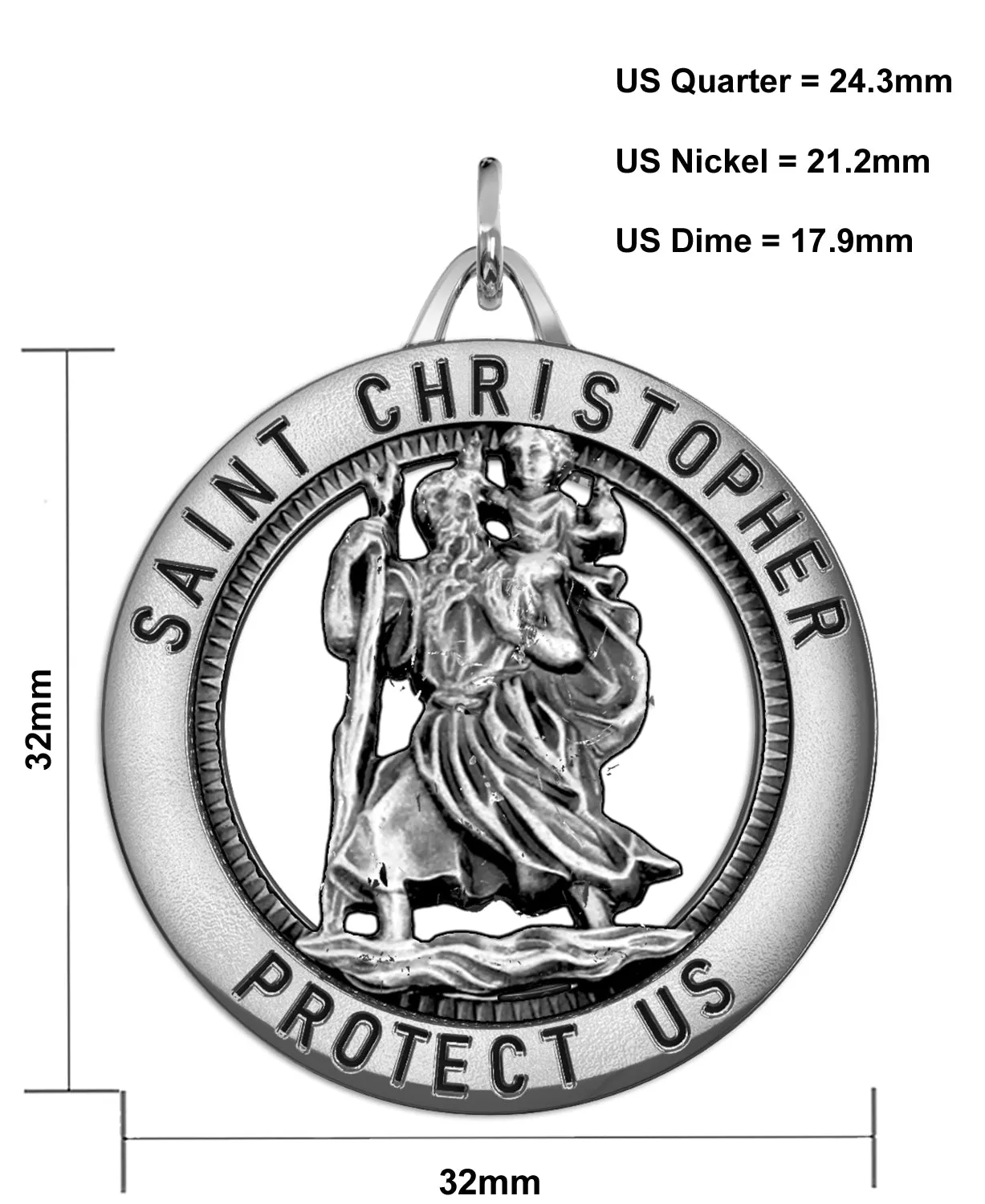 Men's 925 Sterling Silver Saint Christopher Round Antique Pendant Necklace, 32mm