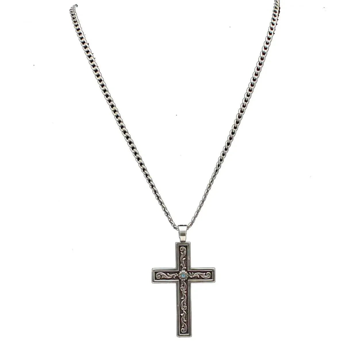 MENS CROSS NECKLACE W/ AQUA STONE