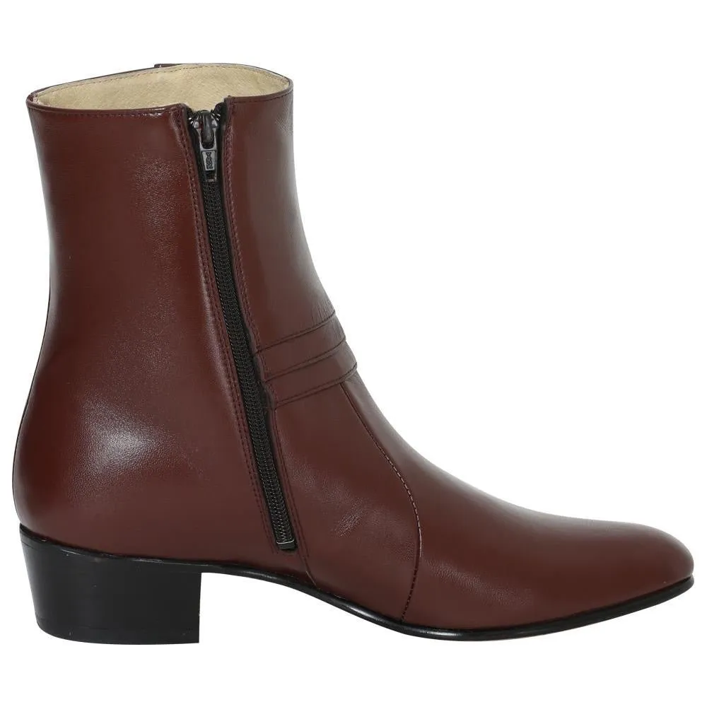 Men's Goat Leather Side Zipper Classic Dress Ankle Boots 'El Besserro' Wine Color 1912