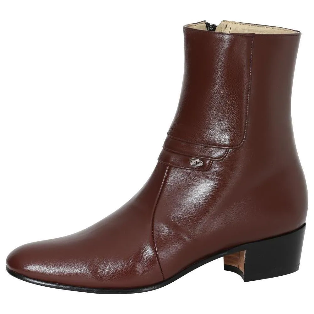 Men's Goat Leather Side Zipper Classic Dress Ankle Boots 'El Besserro' Wine Color 1912