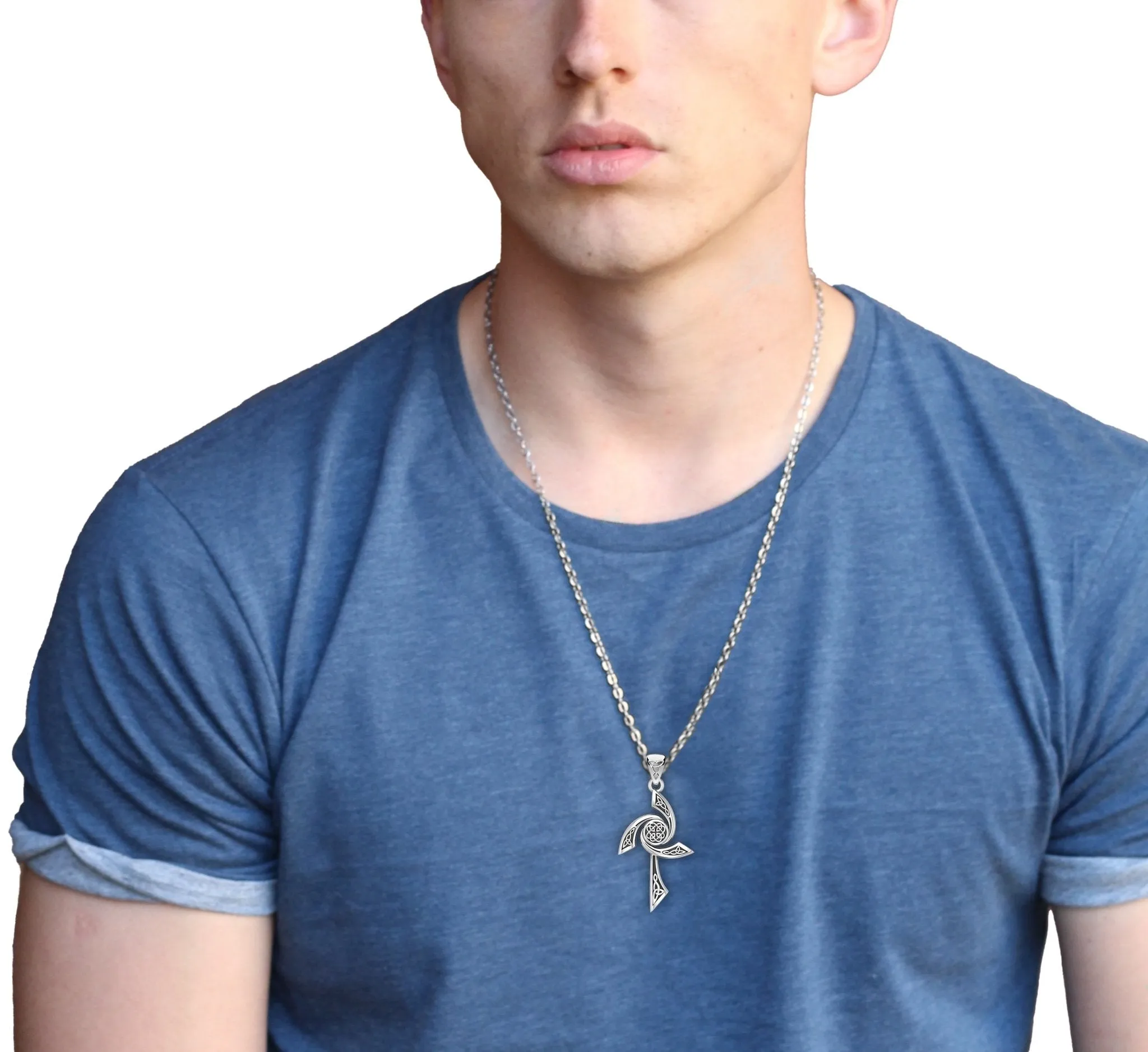 Men's Solid 925 Sterling Silver Modern Style Celtic Cross Pendant Necklace, 35mm
