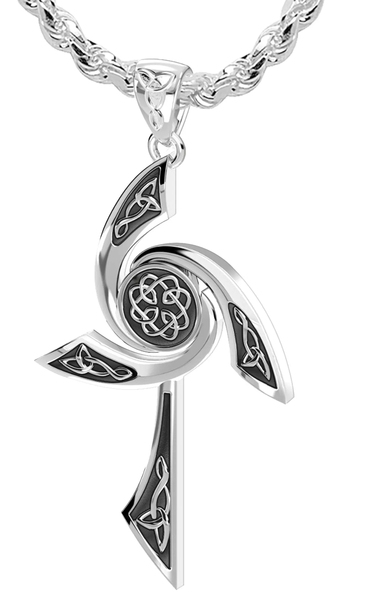 Men's Solid 925 Sterling Silver Modern Style Celtic Cross Pendant Necklace, 35mm