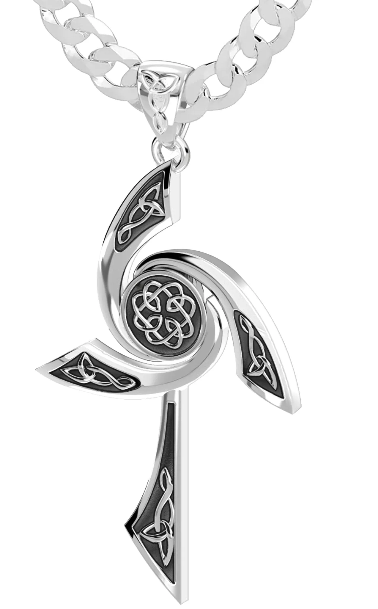 Men's Solid 925 Sterling Silver Modern Style Celtic Cross Pendant Necklace, 35mm