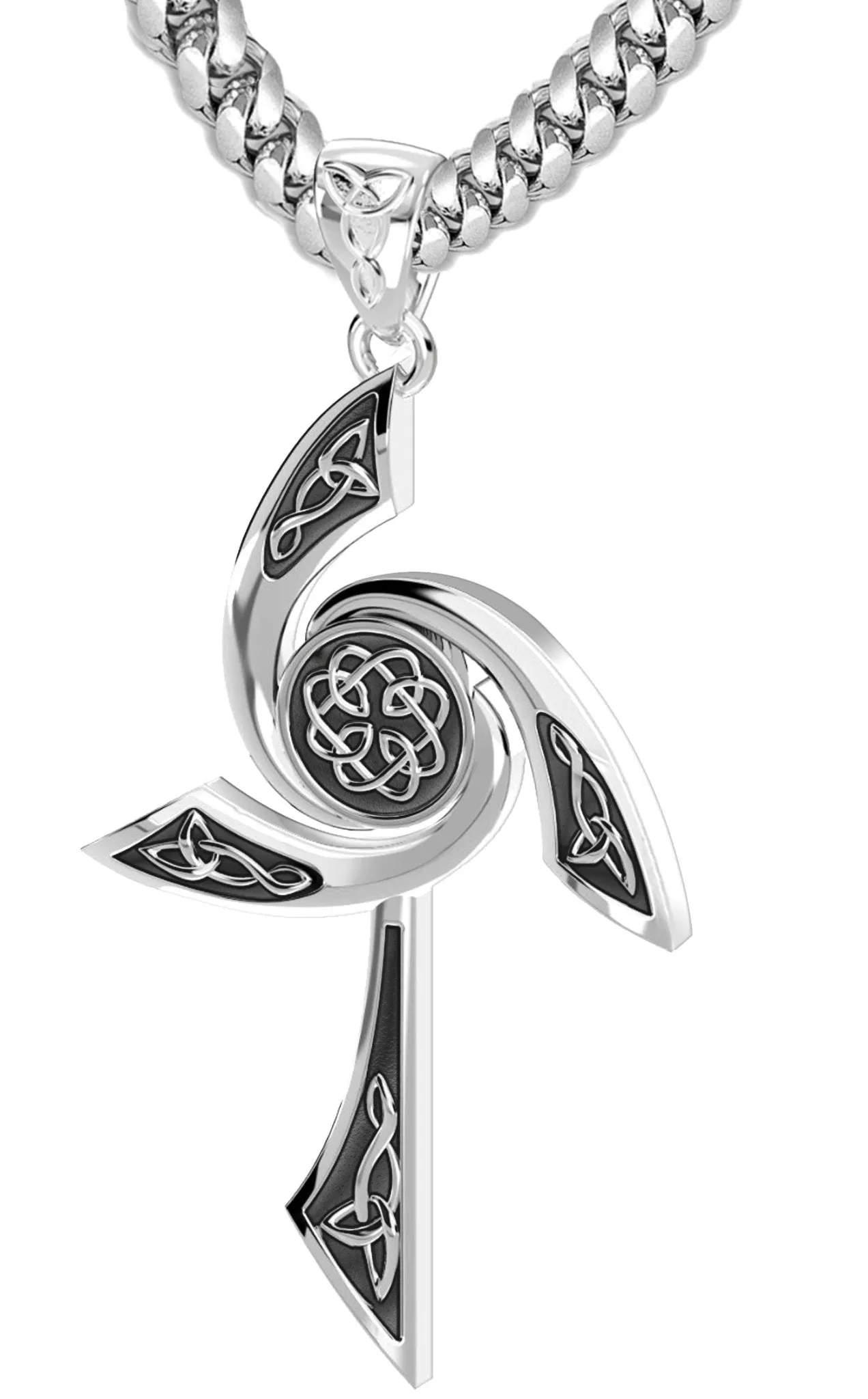 Men's Solid 925 Sterling Silver Modern Style Celtic Cross Pendant Necklace, 35mm