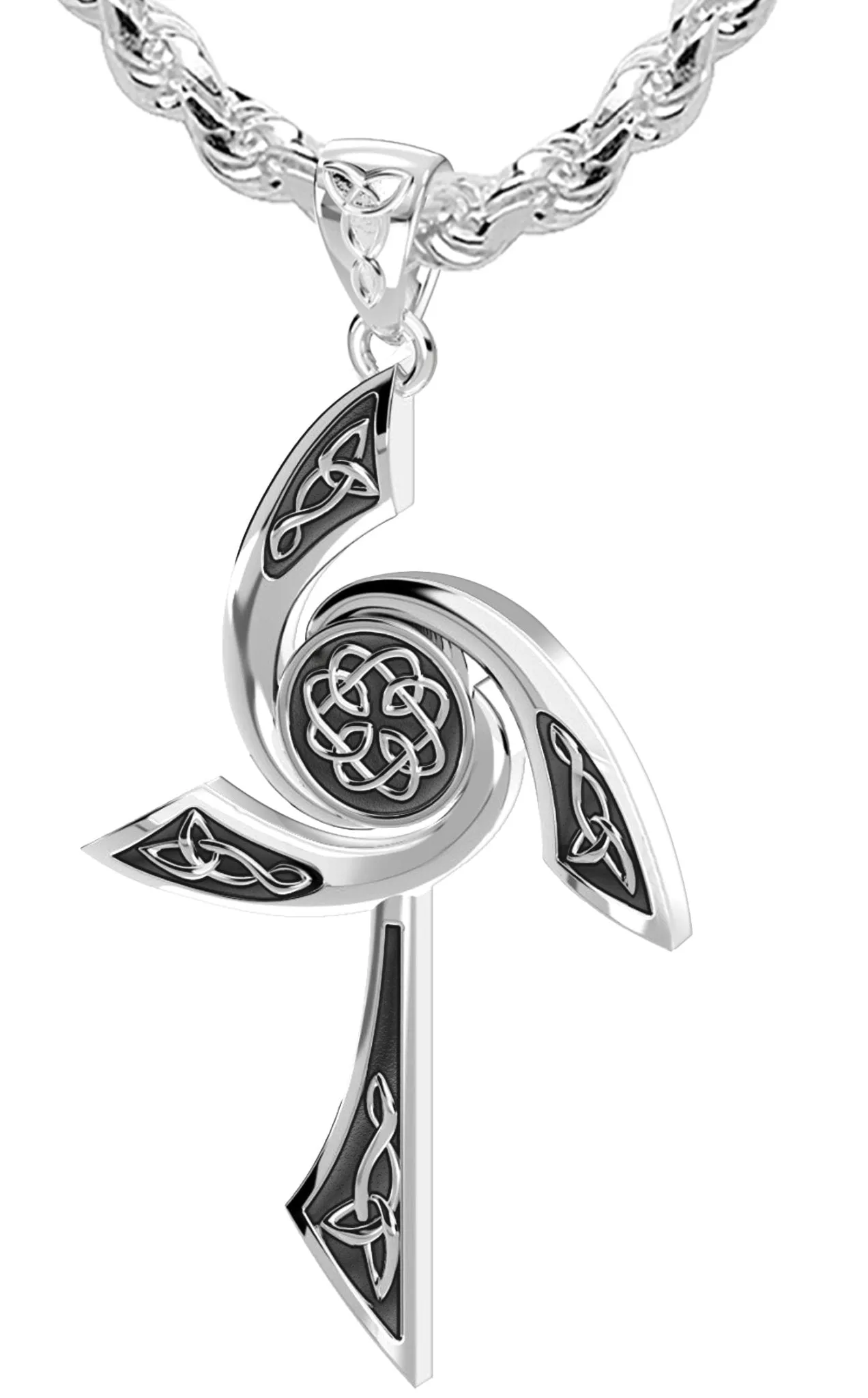 Men's Solid 925 Sterling Silver Modern Style Celtic Cross Pendant Necklace, 35mm
