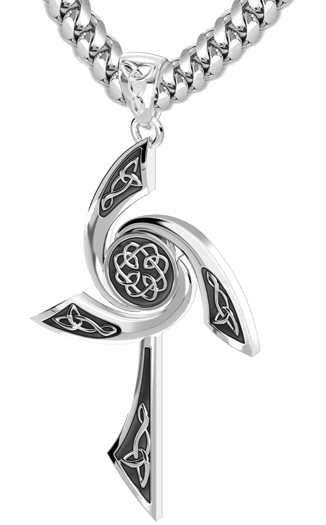 Men's Solid 925 Sterling Silver Modern Style Celtic Cross Pendant Necklace, 35mm