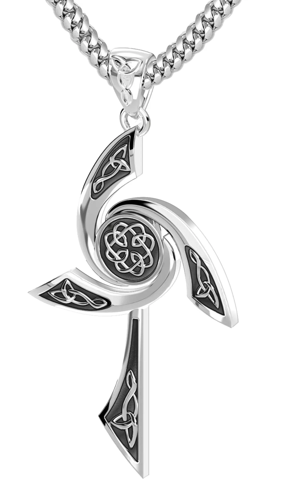Men's Solid 925 Sterling Silver Modern Style Celtic Cross Pendant Necklace, 35mm
