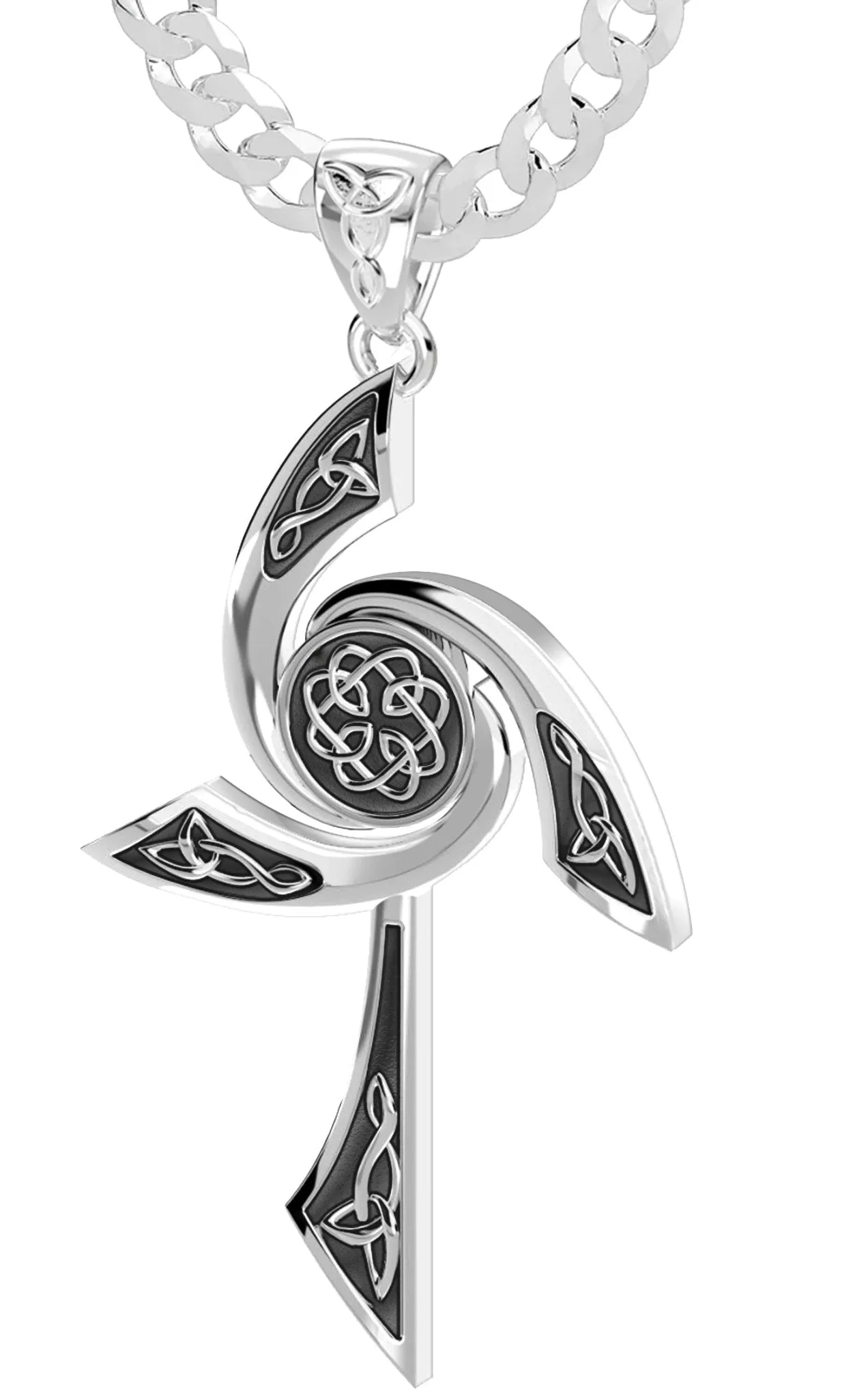 Men's Solid 925 Sterling Silver Modern Style Celtic Cross Pendant Necklace, 35mm