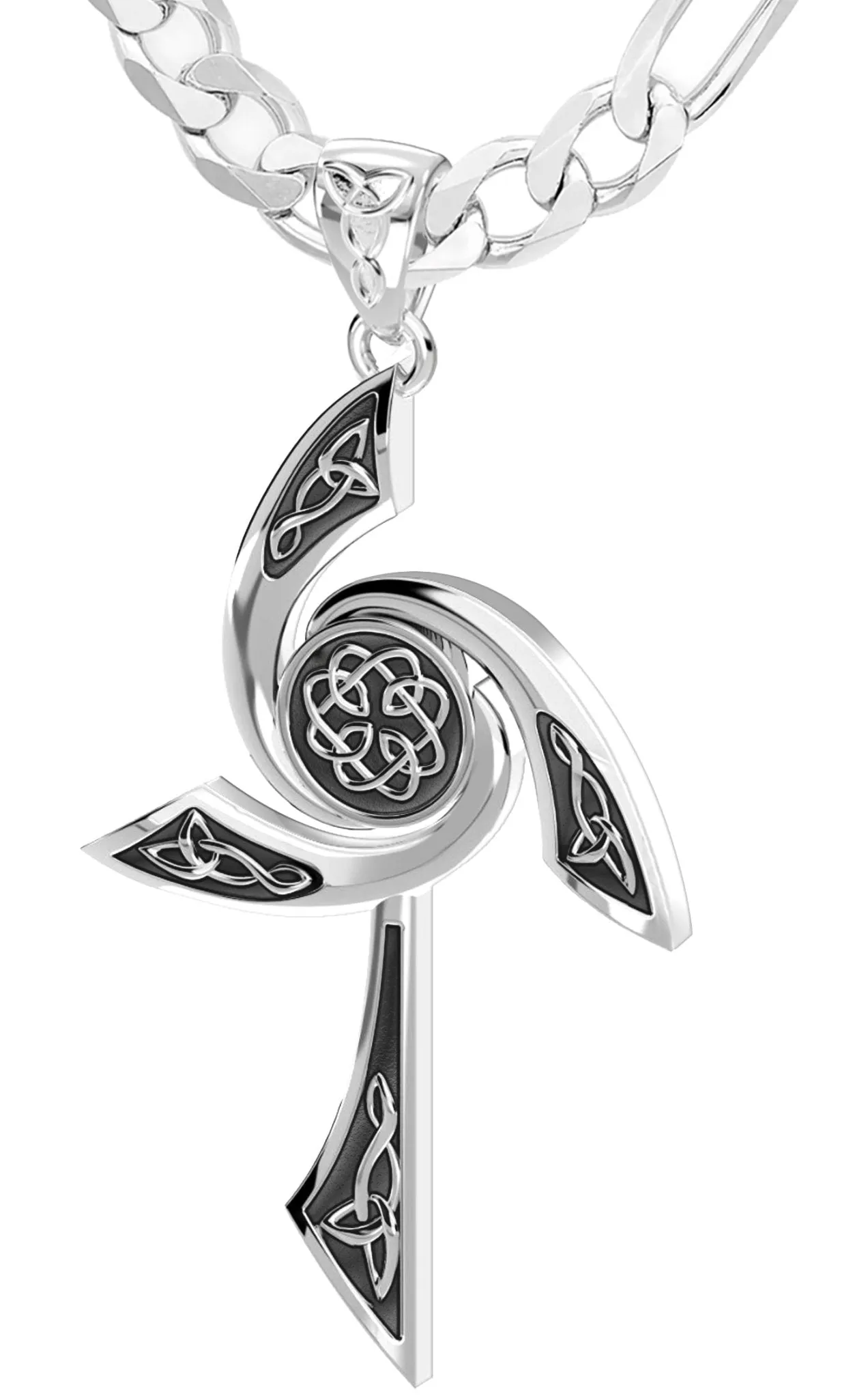 Men's Solid 925 Sterling Silver Modern Style Celtic Cross Pendant Necklace, 35mm