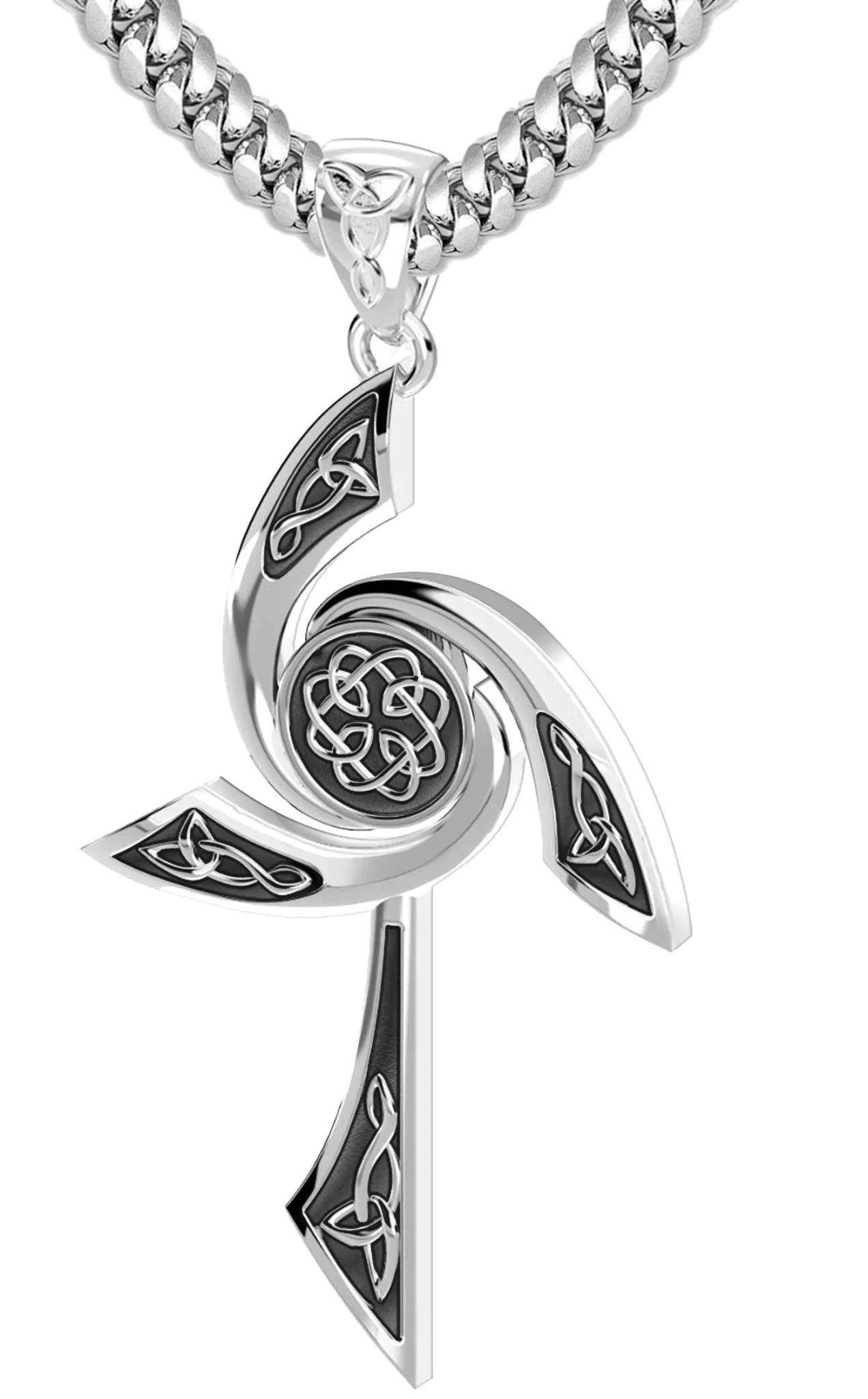 Men's Solid 925 Sterling Silver Modern Style Celtic Cross Pendant Necklace, 35mm